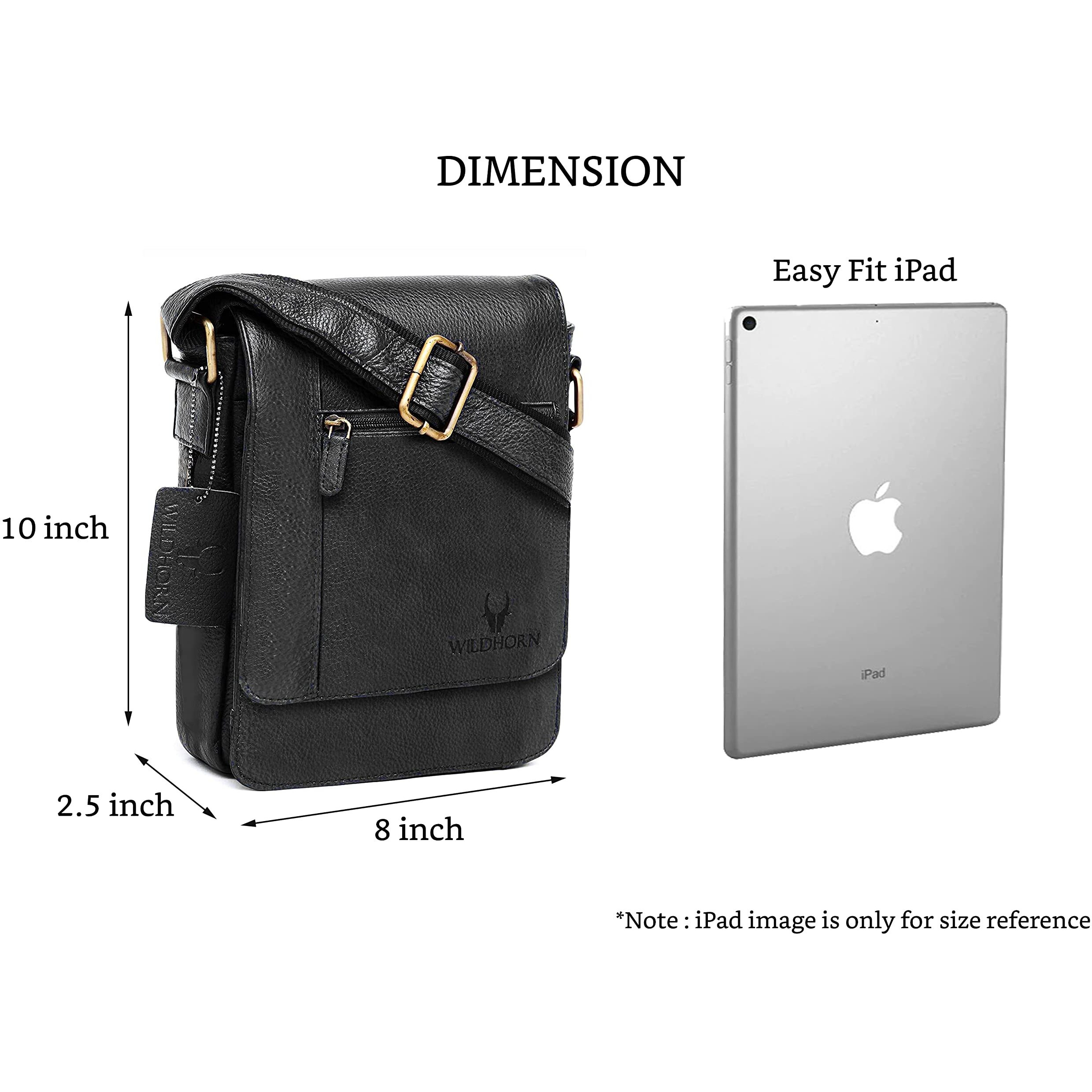 WildHorn Leather Sling Messenger Bag for Men I Multipurpose Crossbody Bag I Travel Bag with Adjustable Strap I IDIMENSION L- 8 inch H- 10.5 inch W- 2.75 inch