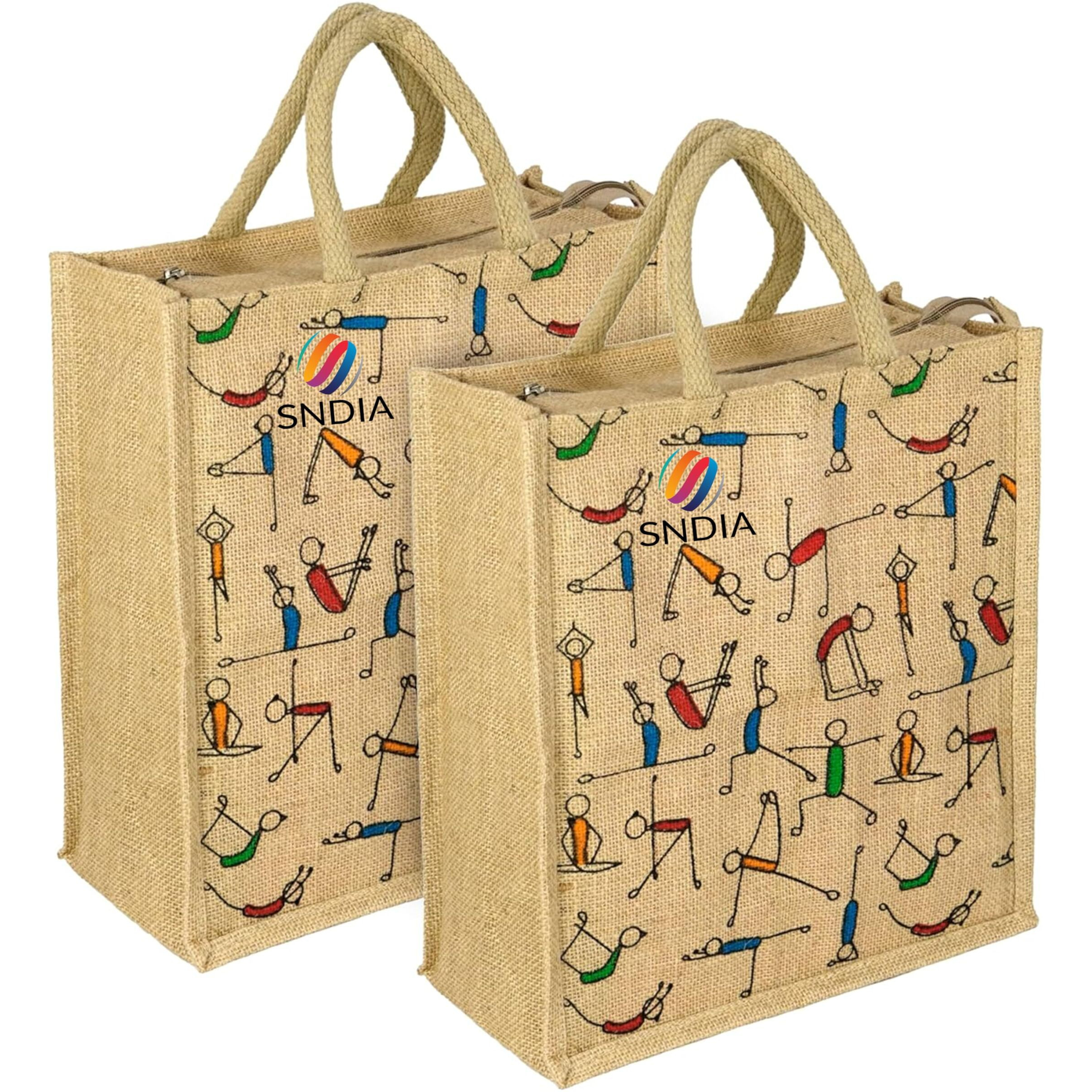 SNDIA Pack of 2 Eco Friendly Reusable Jute Bag, Yoga Printed Jute Bag, Grocery Shopping Bag, Multi-Purpose Bag, Jute Lunch Bag, Sturdy Handle with Zipper Lock (33 * 29 * 12cm)