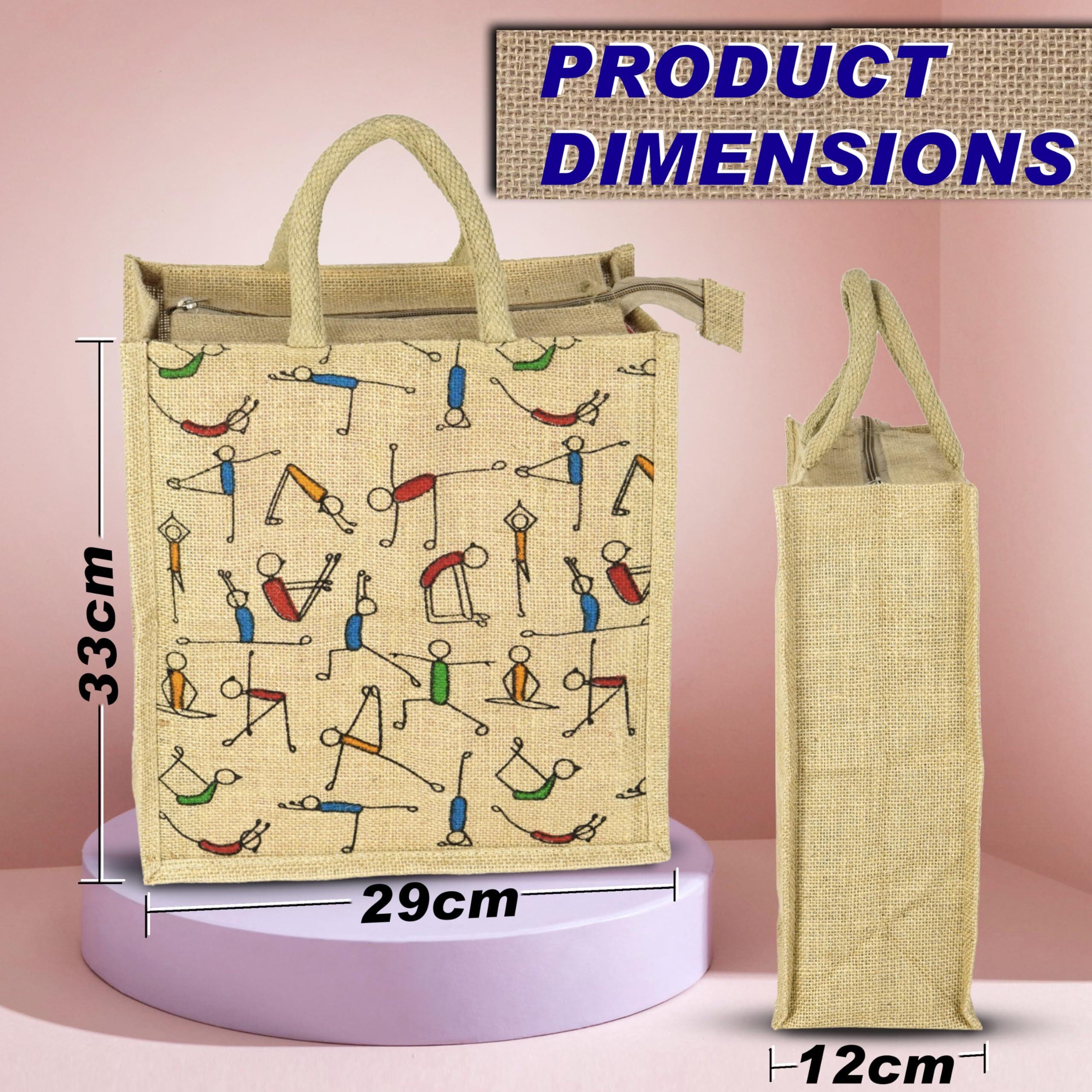SNDIA Pack of 2 Eco Friendly Reusable Jute Bag, Yoga Printed Jute Bag, Grocery Shopping Bag, Multi-Purpose Bag, Jute Lunch Bag, Sturdy Handle with Zipper Lock (33 * 29 * 12cm)