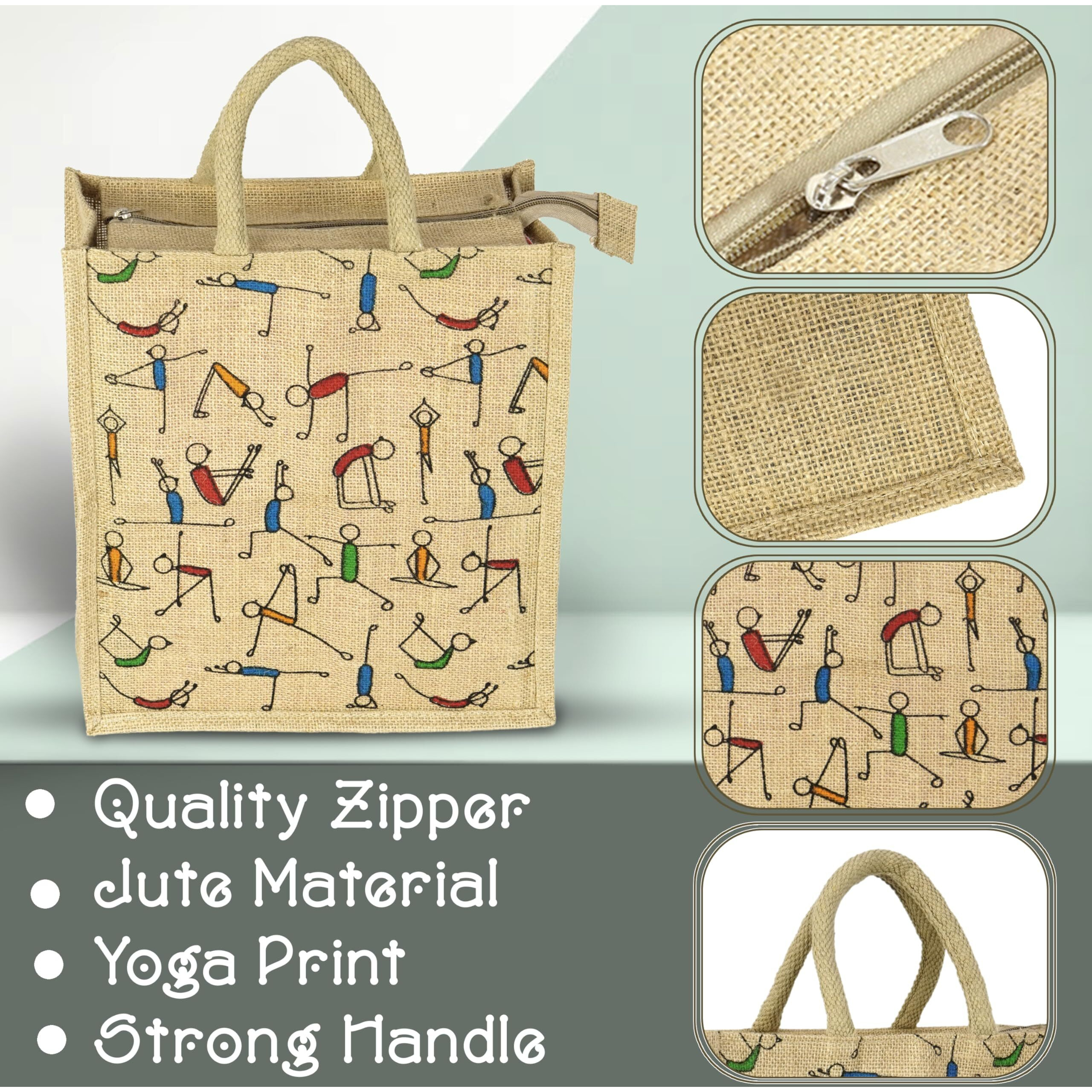 SNDIA Pack of 2 Eco Friendly Reusable Jute Bag, Yoga Printed Jute Bag, Grocery Shopping Bag, Multi-Purpose Bag, Jute Lunch Bag, Sturdy Handle with Zipper Lock (33 * 29 * 12cm)