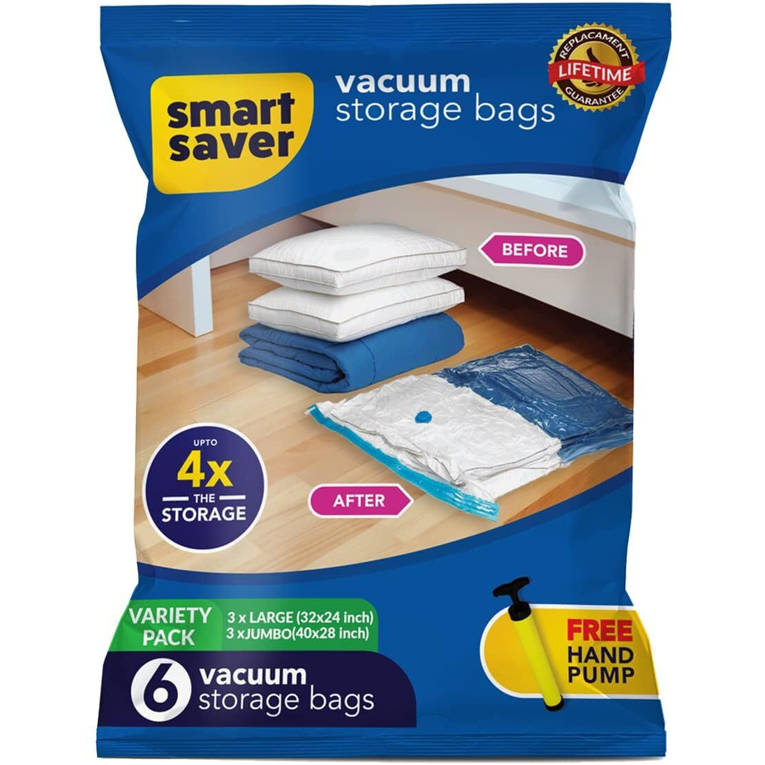 Smart Saver 6 Pack Compression Storage Space Bags For Travel,For Clothes,Bedding,Pillows,Vacuum Sealer Bags For Clothes Storage,Vaccine Sealed Airtight Reusable With Travelling Hand P,Plastic,Blue