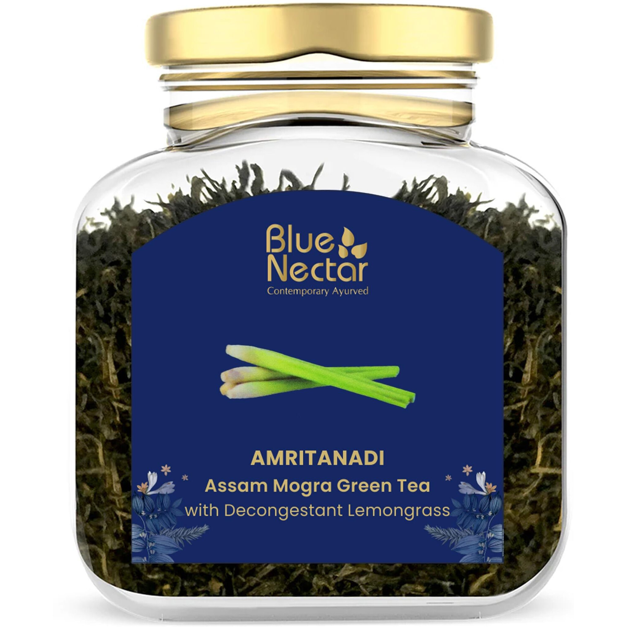 Blue Nectar Green Tea Leaves with Decongestant Lemongrass | Loose Green Leaves Sourced from Assam | Reusable Glass Jar (50 gm + 15 gm Free)