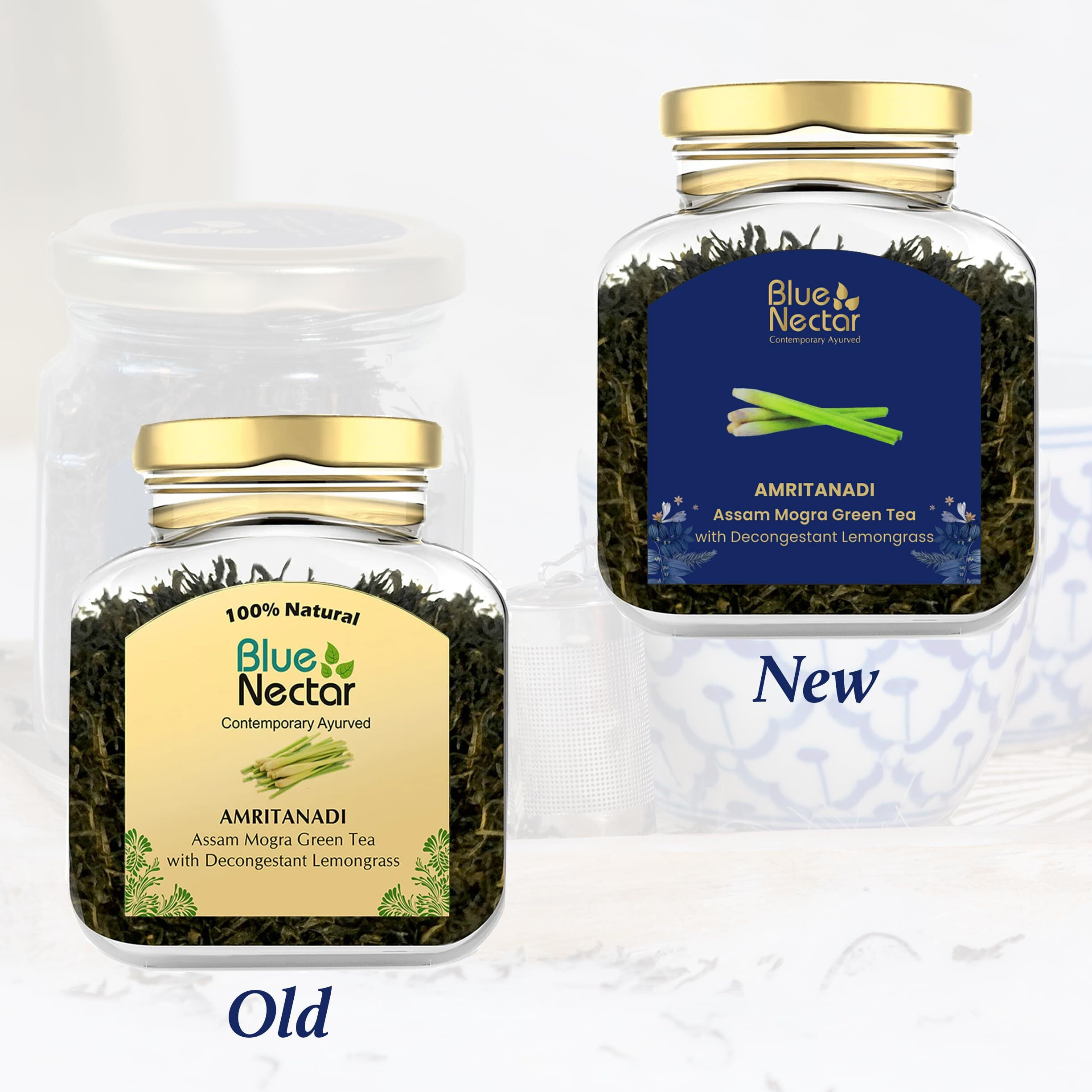 Blue Nectar Green Tea Leaves with Decongestant Lemongrass | Loose Green Leaves Sourced from Assam | Reusable Glass Jar (50 gm + 15 gm Free)