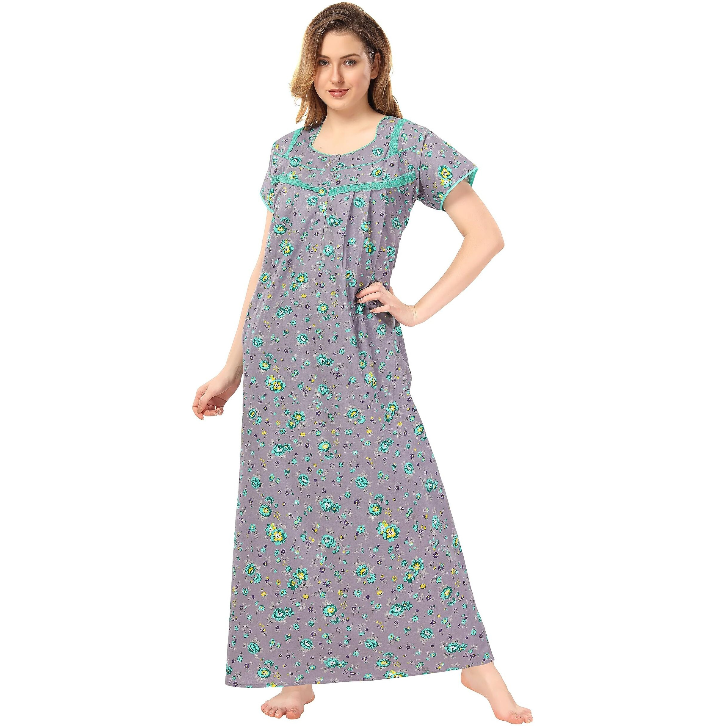 Soulemo Women s Cotton Paisley Maxi Nighty (499NL_Fog metallic Colour_L - BUST 44)