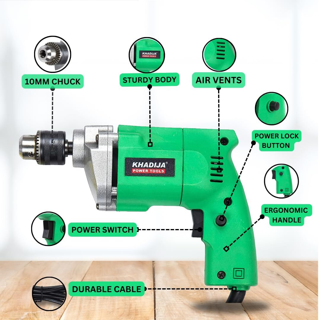 KHADIJA Drill Machine 10mm With Free 13Pcs HSS Drill Bits & 1Pc Masonary Bit Combo 6 Months Warranty