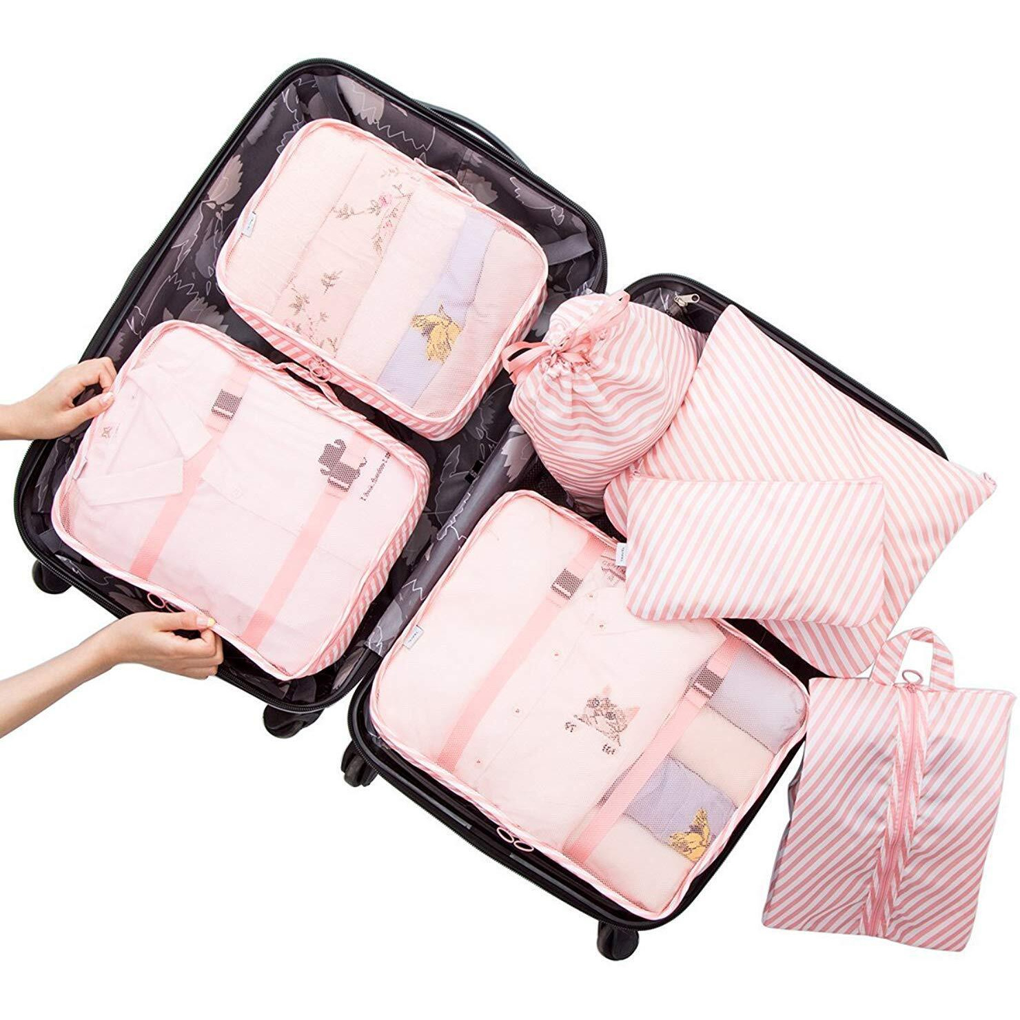 House of Quirk Nylon 7 Set Travel Organizer Bag 3 Packing Cubes + 3 Pouches + 1 Toiletry Organizer Bag, (Pink Stripes), 31 Centimeters