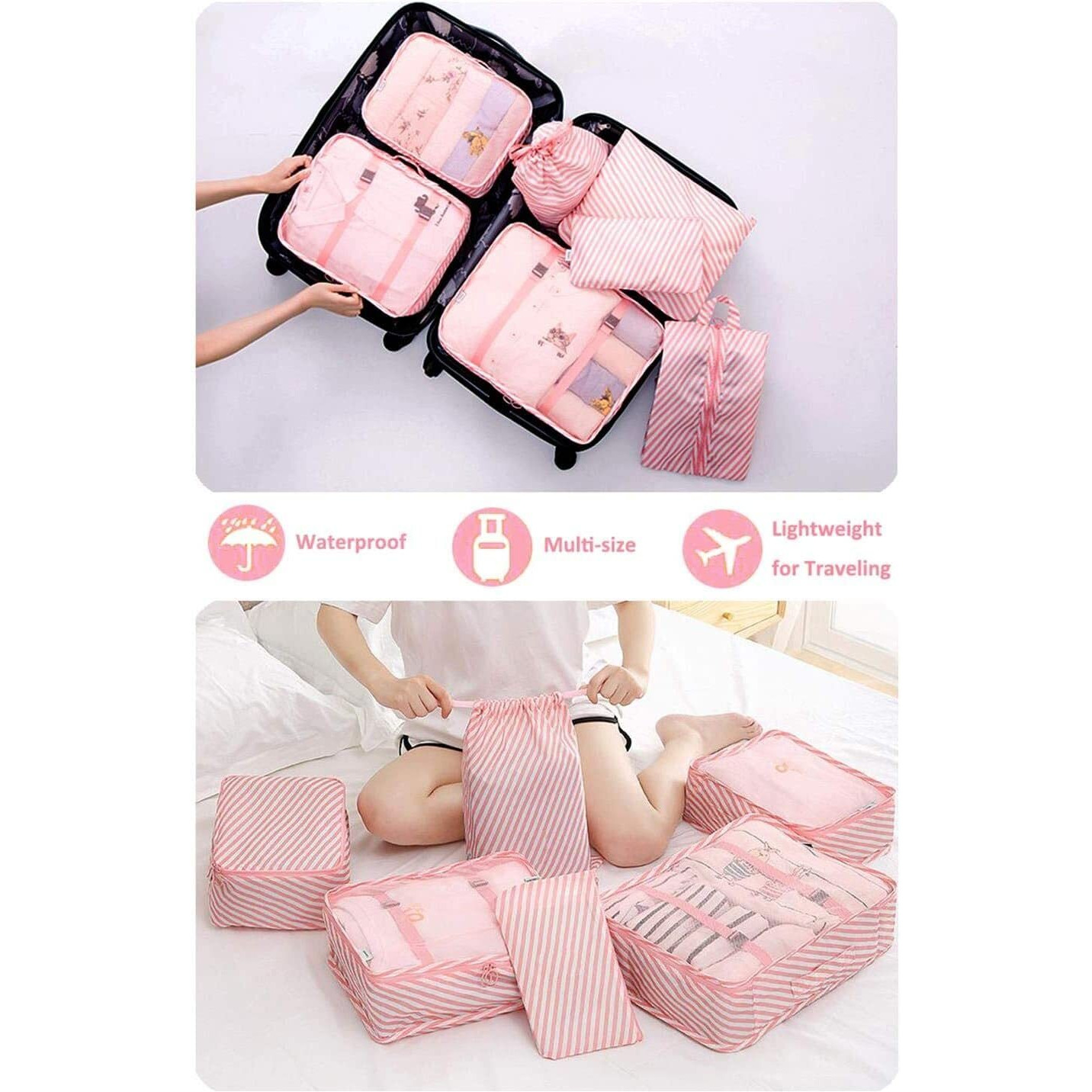House of Quirk Nylon 7 Set Travel Organizer Bag 3 Packing Cubes + 3 Pouches + 1 Toiletry Organizer Bag, (Pink Stripes), 31 Centimeters