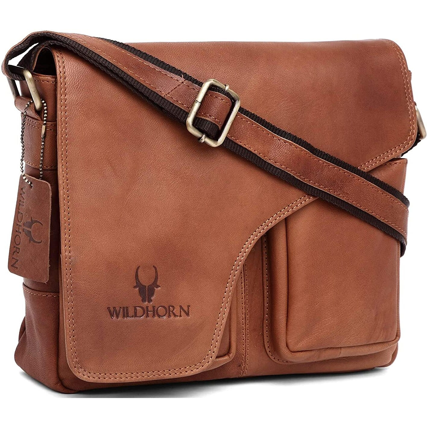 WildHorn Leather Messenger Bag for Men I Handcrafted I Adjustable Strap I DIMENSIONL- 11 inch H-9.5 inch W- 3 inch (Brown)