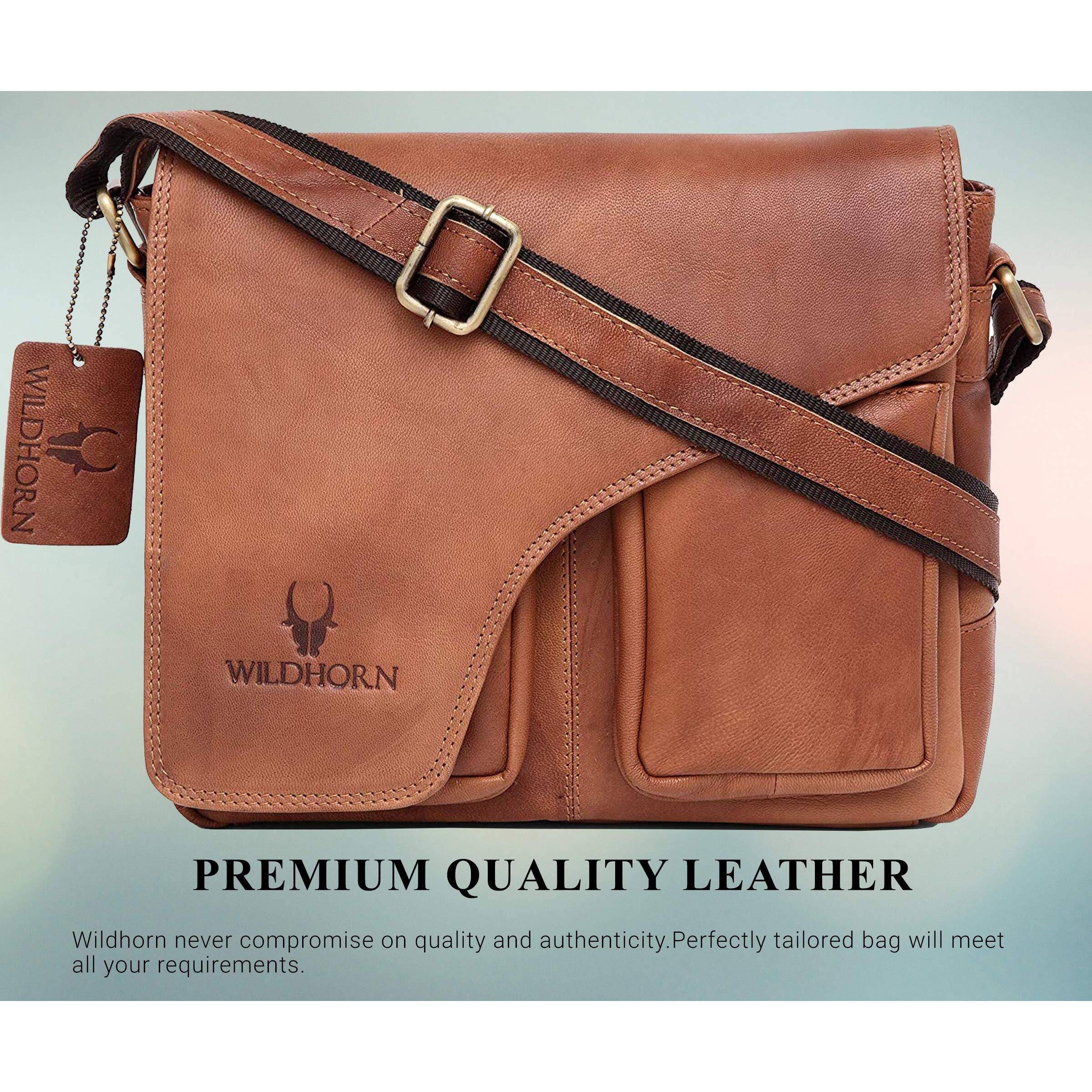 WildHorn Leather Messenger Bag for Men I Handcrafted I Adjustable Strap I DIMENSIONL- 11 inch H-9.5 inch W- 3 inch (Brown)