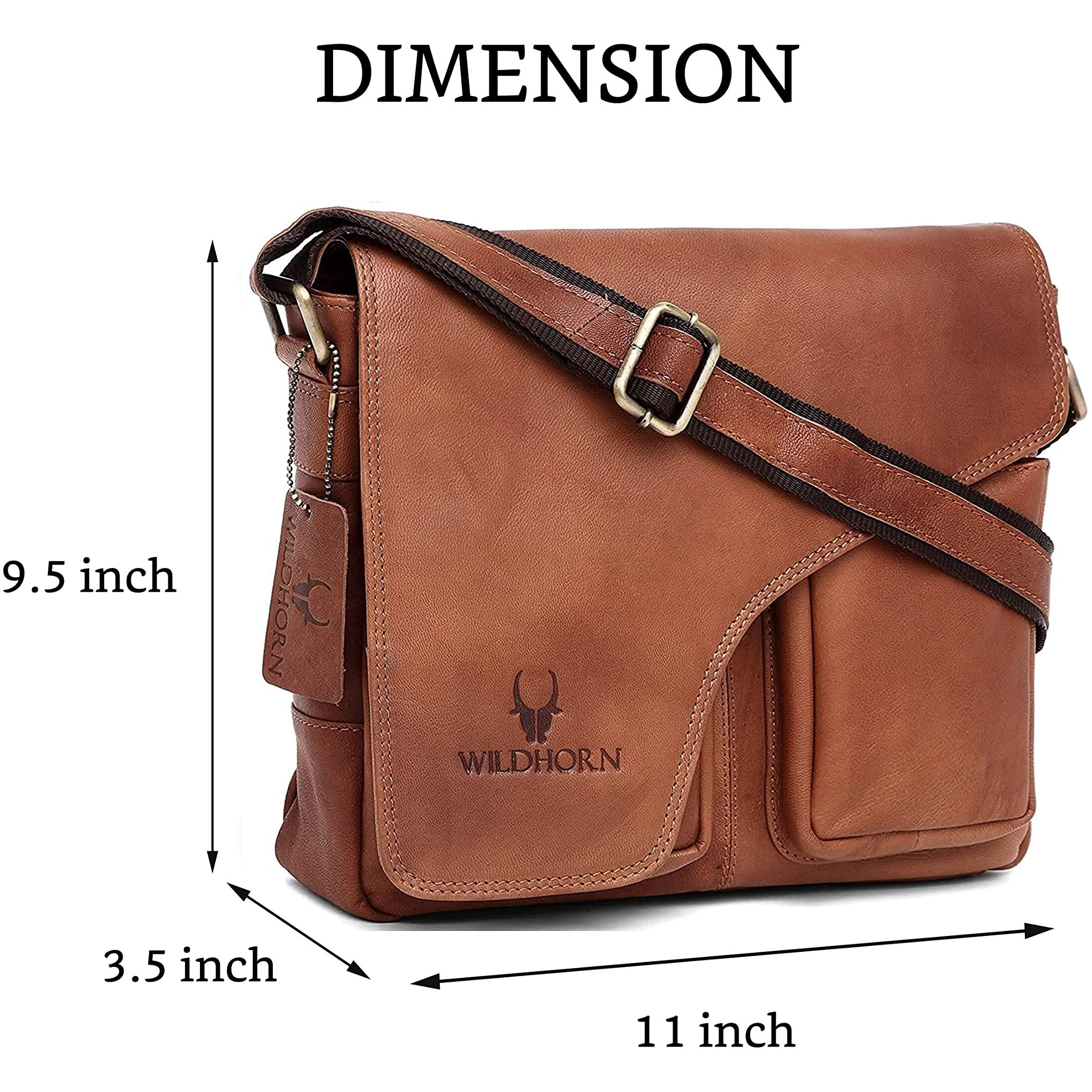 WildHorn Leather Messenger Bag for Men I Handcrafted I Adjustable Strap I DIMENSIONL- 11 inch H-9.5 inch W- 3 inch (Brown)