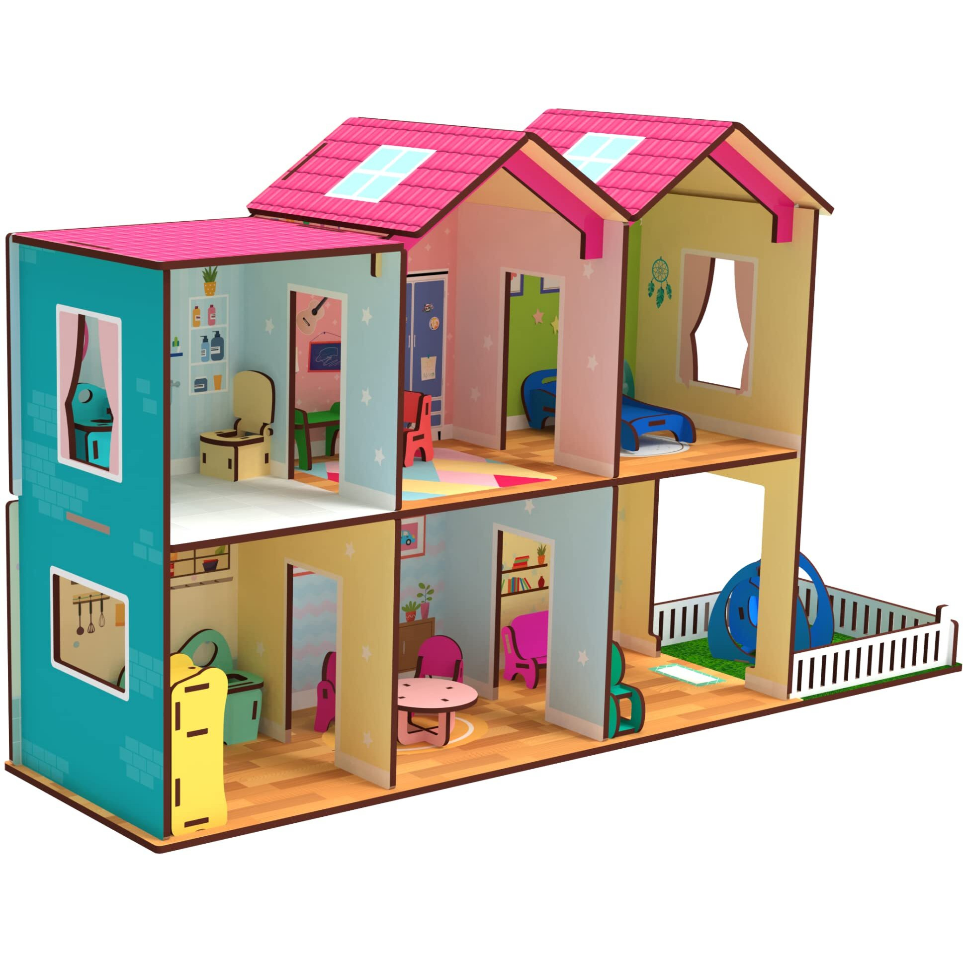 Toyshine Big Size Wooden DIY Doll House for Kids with Furniture, Dolls, Side Garden and Much More Play House Learning Toy for Girls Boys 3 4 5 6 7 Year Old Birthday Gift Dollhouse