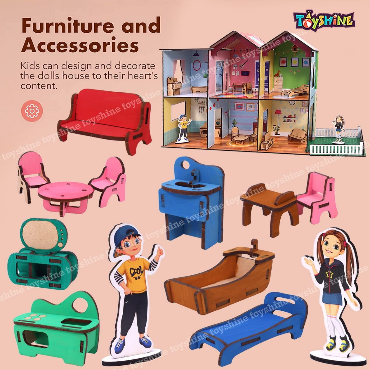 Toyshine Big Size Wooden DIY Doll House for Kids with Furniture, Dolls, Side Garden and Much More Play House Learning Toy for Girls Boys 3 4 5 6 7 Year Old Birthday Gift Dollhouse
