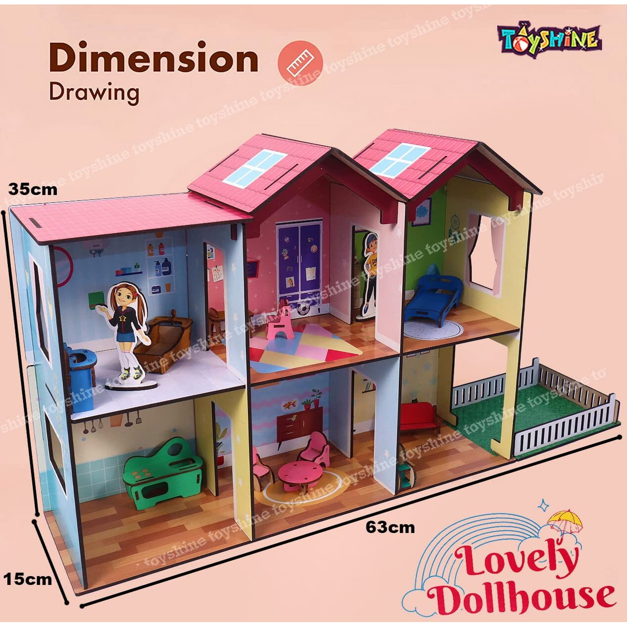 Toyshine Big Size Wooden DIY Doll House for Kids with Furniture, Dolls, Side Garden and Much More Play House Learning Toy for Girls Boys 3 4 5 6 7 Year Old Birthday Gift Dollhouse