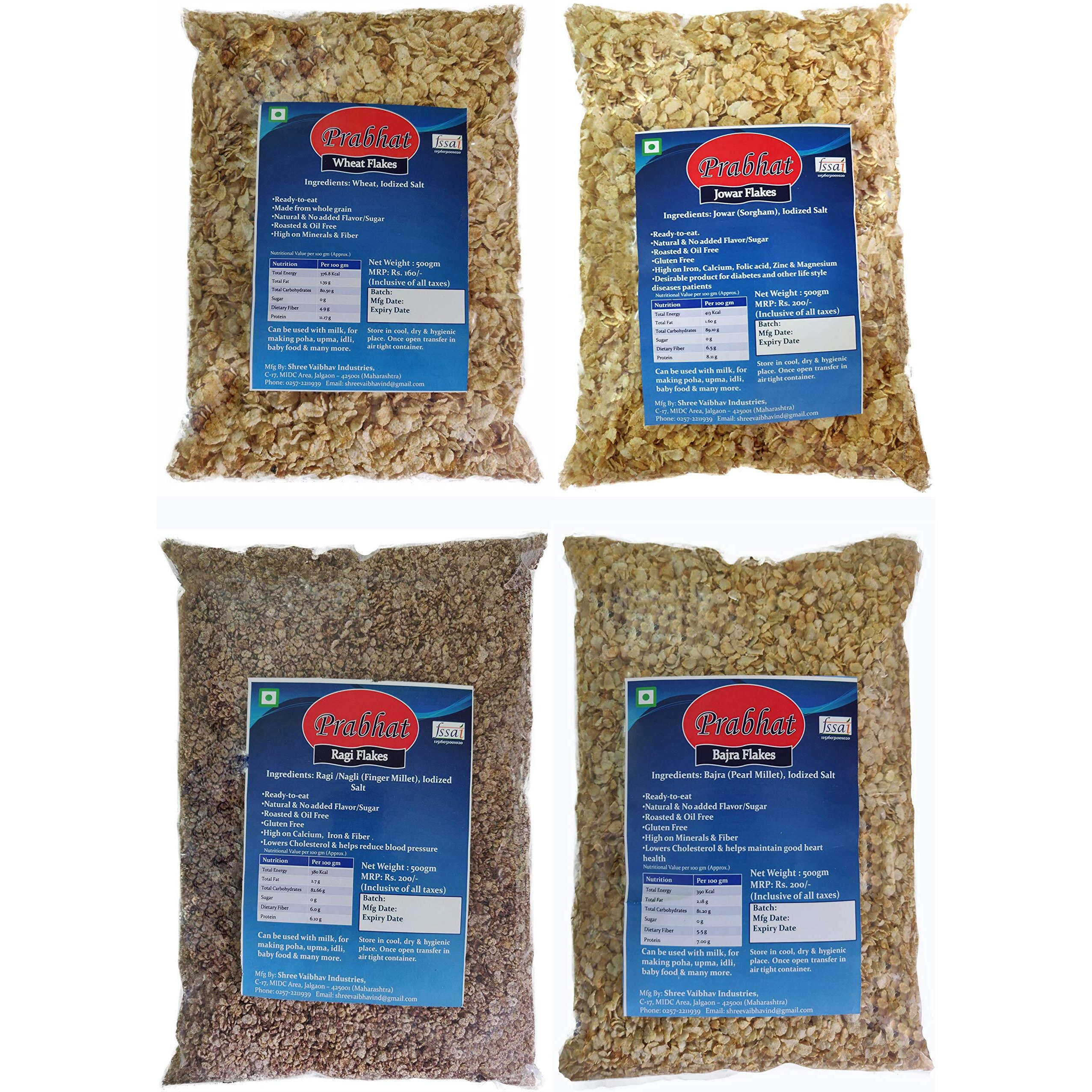 Prabhat Flakes Combo - Wheat Flakes, Jowar Flakes, Bajra Flakes, Ragi Flakes - 500gm each (Pack of 4  2 Kg)