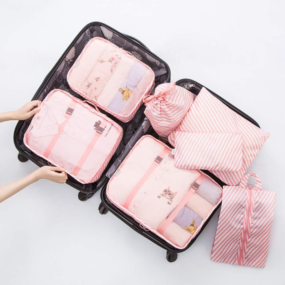 Styleys Travel Organizer Packing Cubes With Shoe Bag (Pink Stripe_S11003) Set of 7
