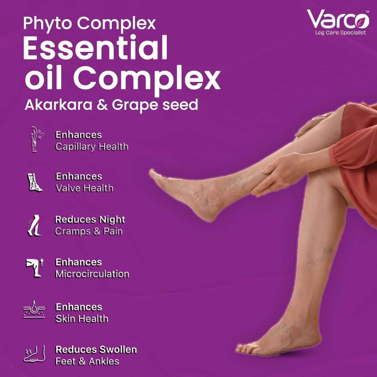 Varco Leg Care Topical Phyto Oil For Management Of Varicose Veins, Spider Veins| Deep Penetration Formula Helps reach the root cause of varicose veins| Reduces Cramps, Painful Legs & Swelling- 60ml
