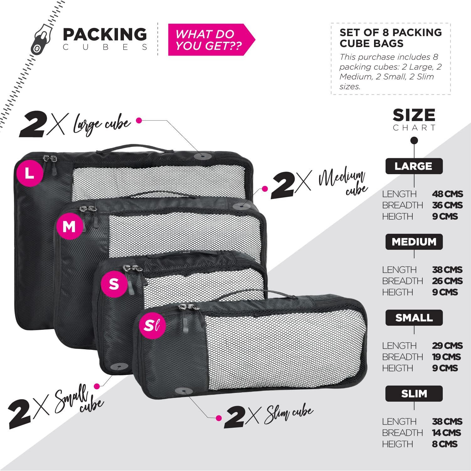 FATMUG Packing Cubes Travel Pouch Bag Organiser Set of 8 (2x Large-Medium-Small and Slim) - Orange (Polyester)