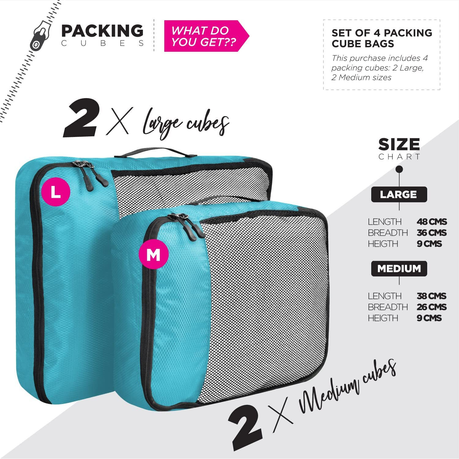 FATMUG Polyester Packing Cubes Travel Pouch Bag, Clothes Organiser Set Of 4(2 Large, 2 Medium) - Sky Blue