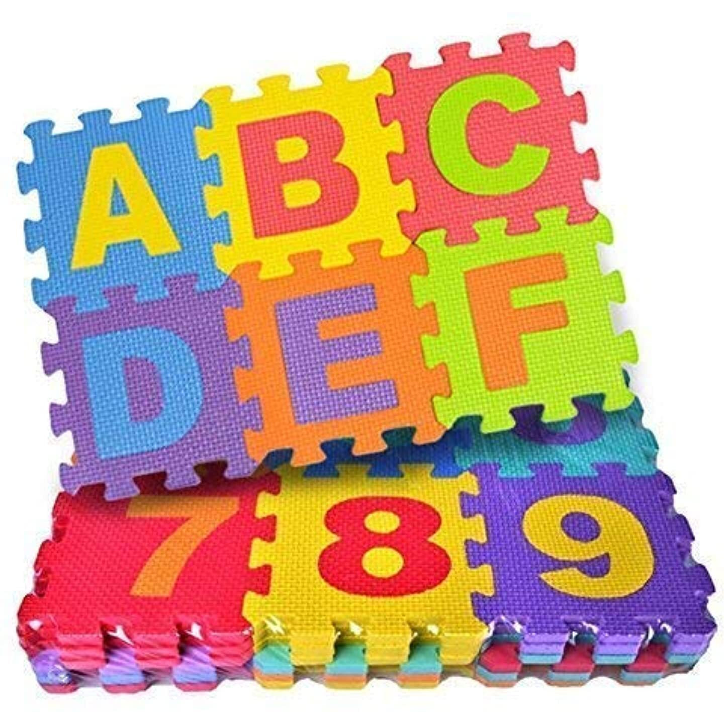 FunBlast 36 Pieces Mini Puzzle Foam Mat for Kids, Interlocking Learning Alphabet and Number Mat for Kids - Multi-Color