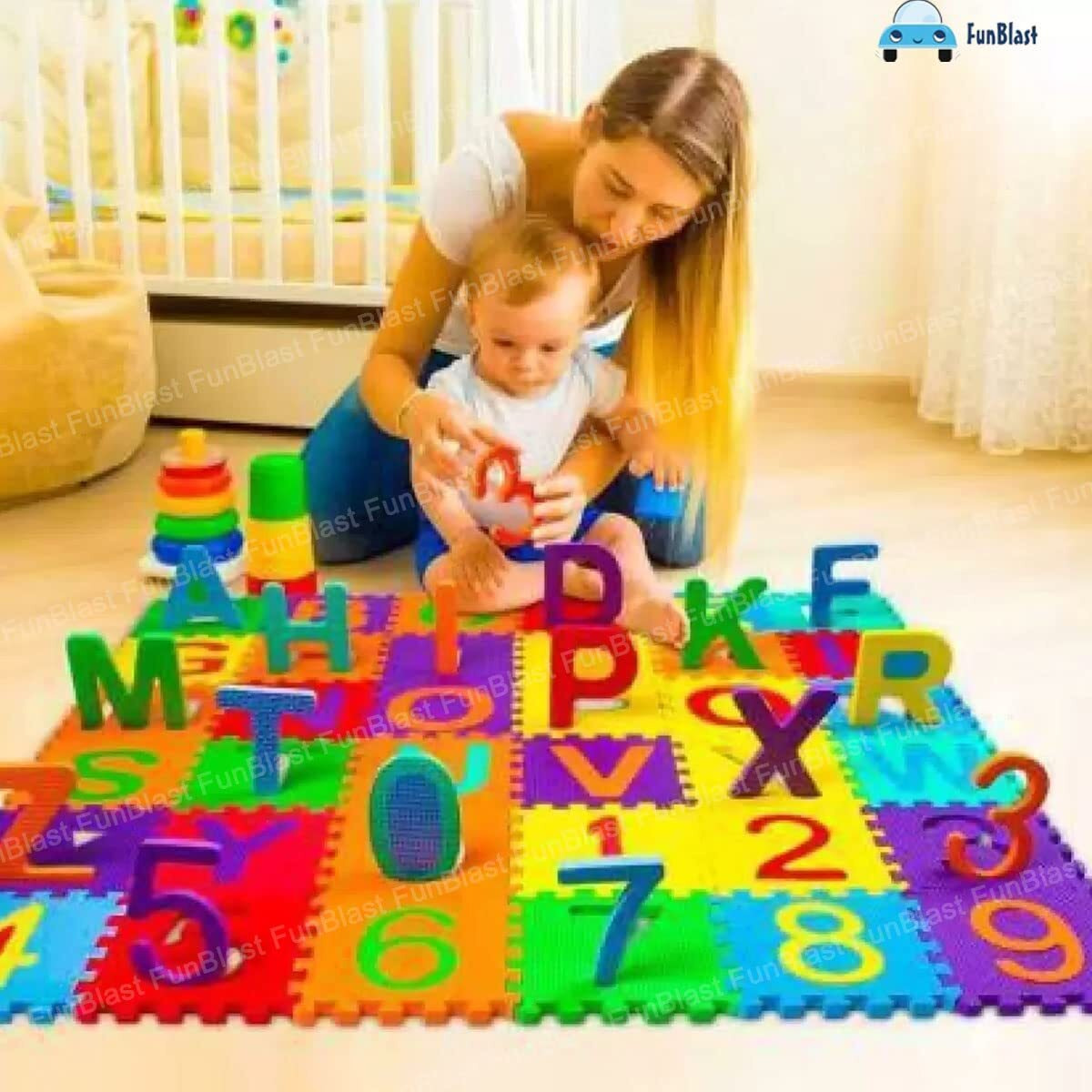 FunBlast 36 Pieces Mini Puzzle Foam Mat for Kids, Interlocking Learning Alphabet and Number Mat for Kids - Multi-Color
