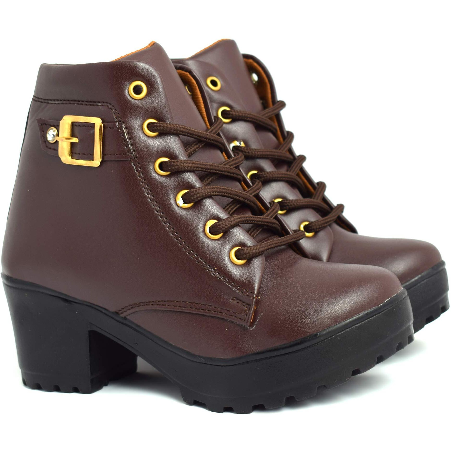 KRAFTER Women Brown Buckle Canvas Boots-UK-4