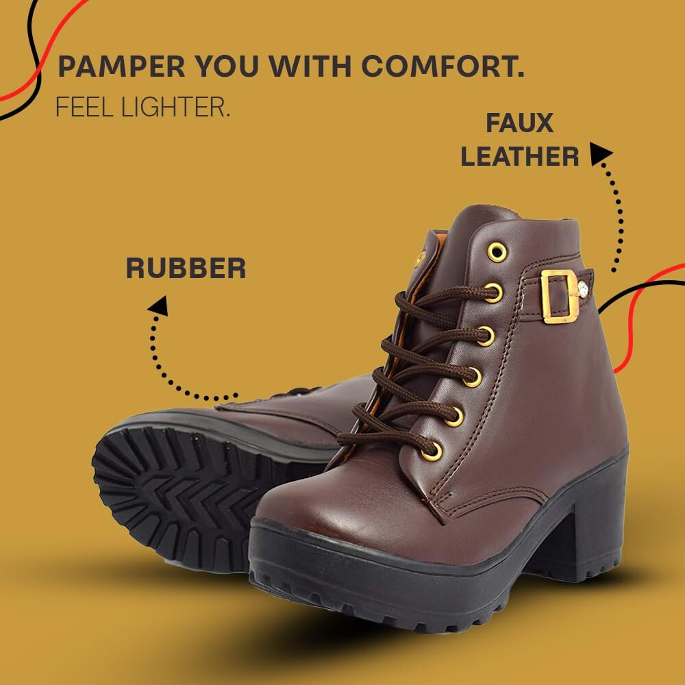 KRAFTER Women Brown Buckle Canvas Boots-UK-4