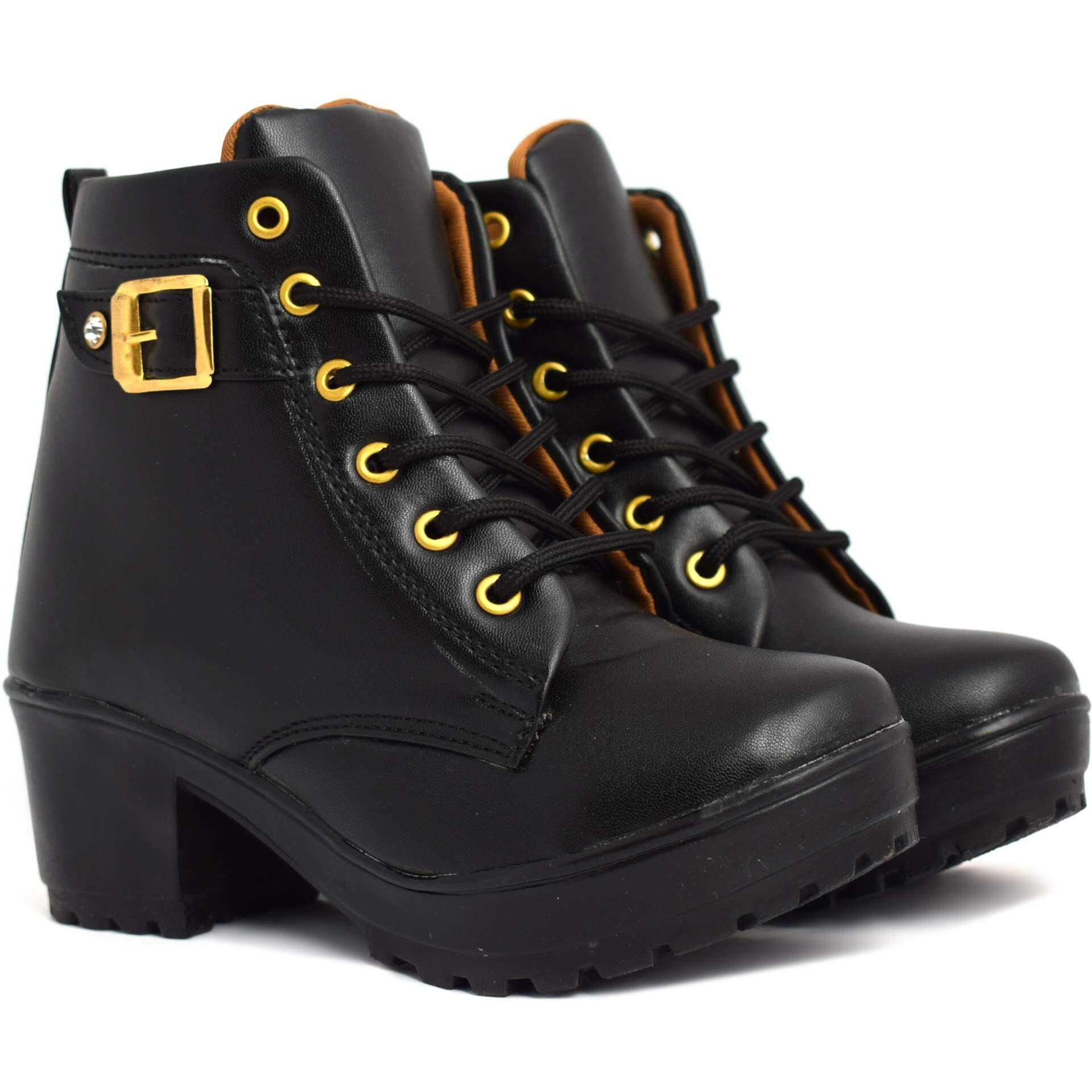 KRAFTER Women Black Buckle Canvas Boots-UK-6