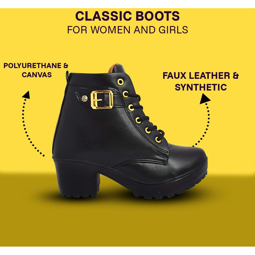 KRAFTER Women Black Buckle Canvas Boots-UK-6