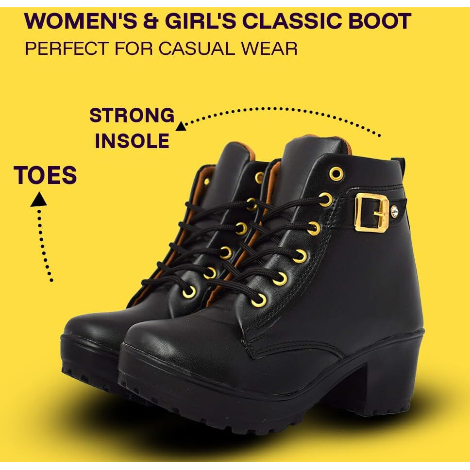 KRAFTER Women Black Buckle Canvas Boots-UK-6