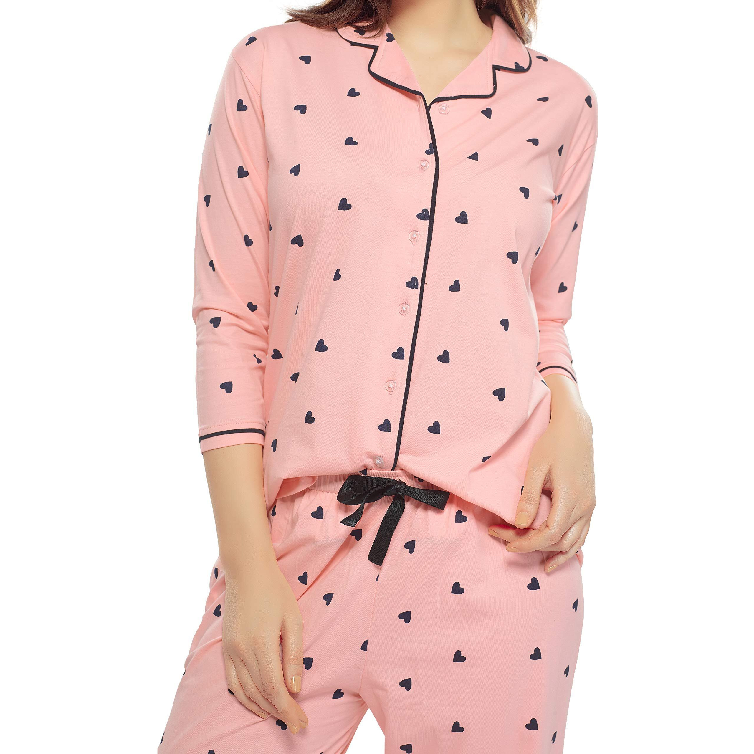 ZEYO Women s Cotton Heart Printed Peach Night Suit Shirt & Pajama Set 5152 (Large)