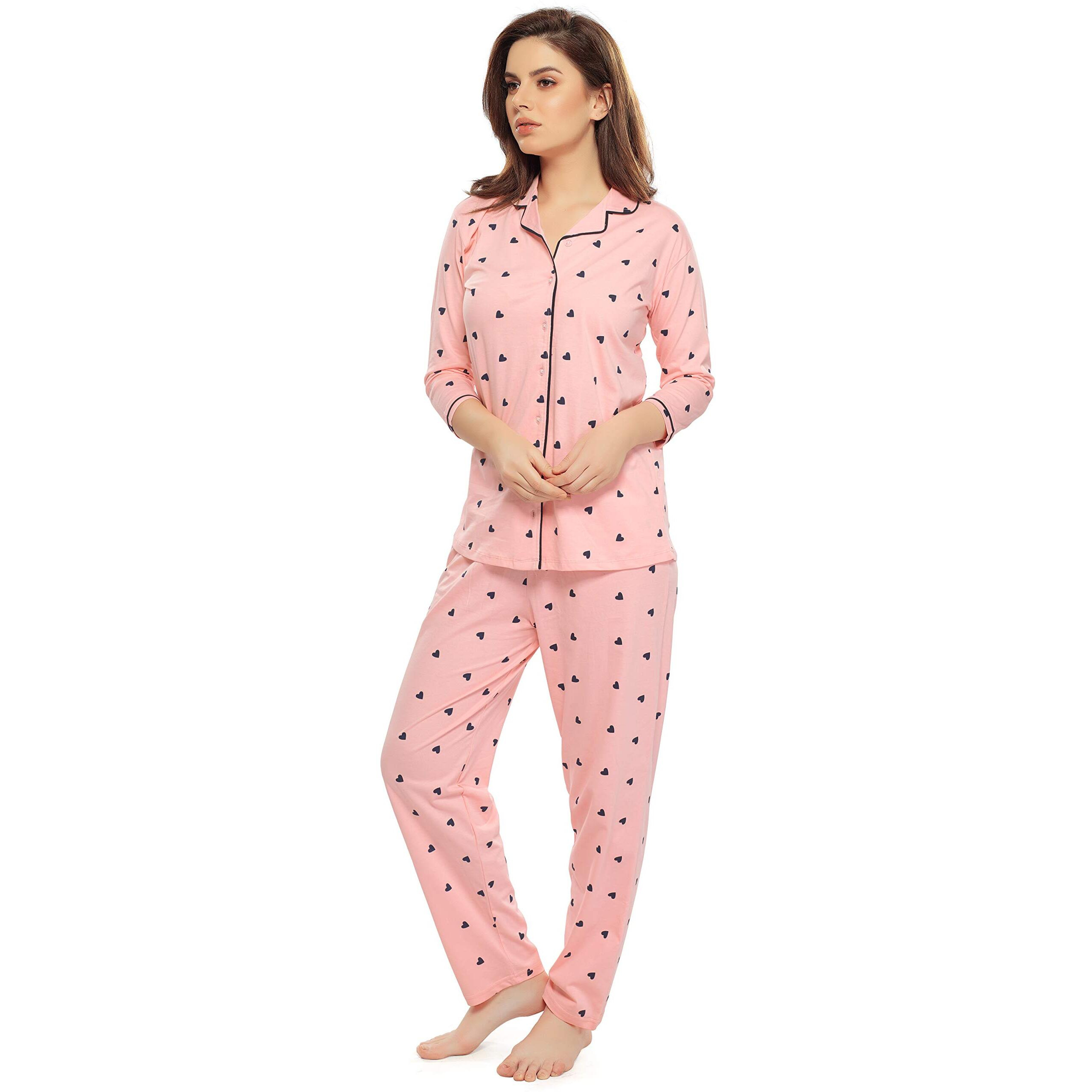 ZEYO Women s Cotton Heart Printed Peach Night Suit Shirt & Pajama Set 5152 (Large)