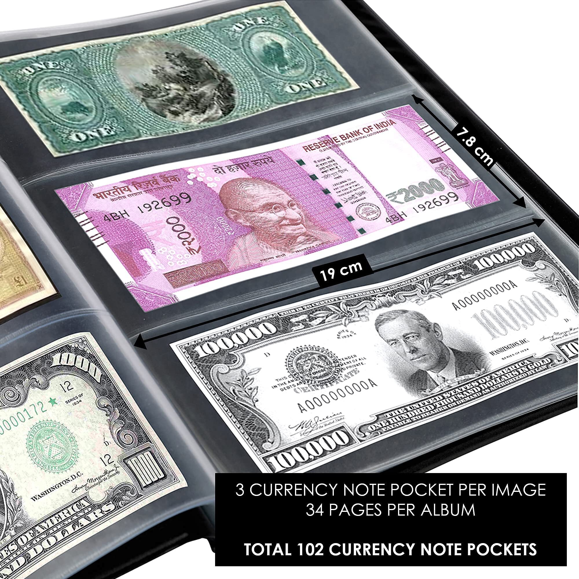 Mahogany Life Currency Album for Notes (102 Pockets) - Faux Leather Cover Currency Note Collection Album - Fits Big Currency Notes (Black)