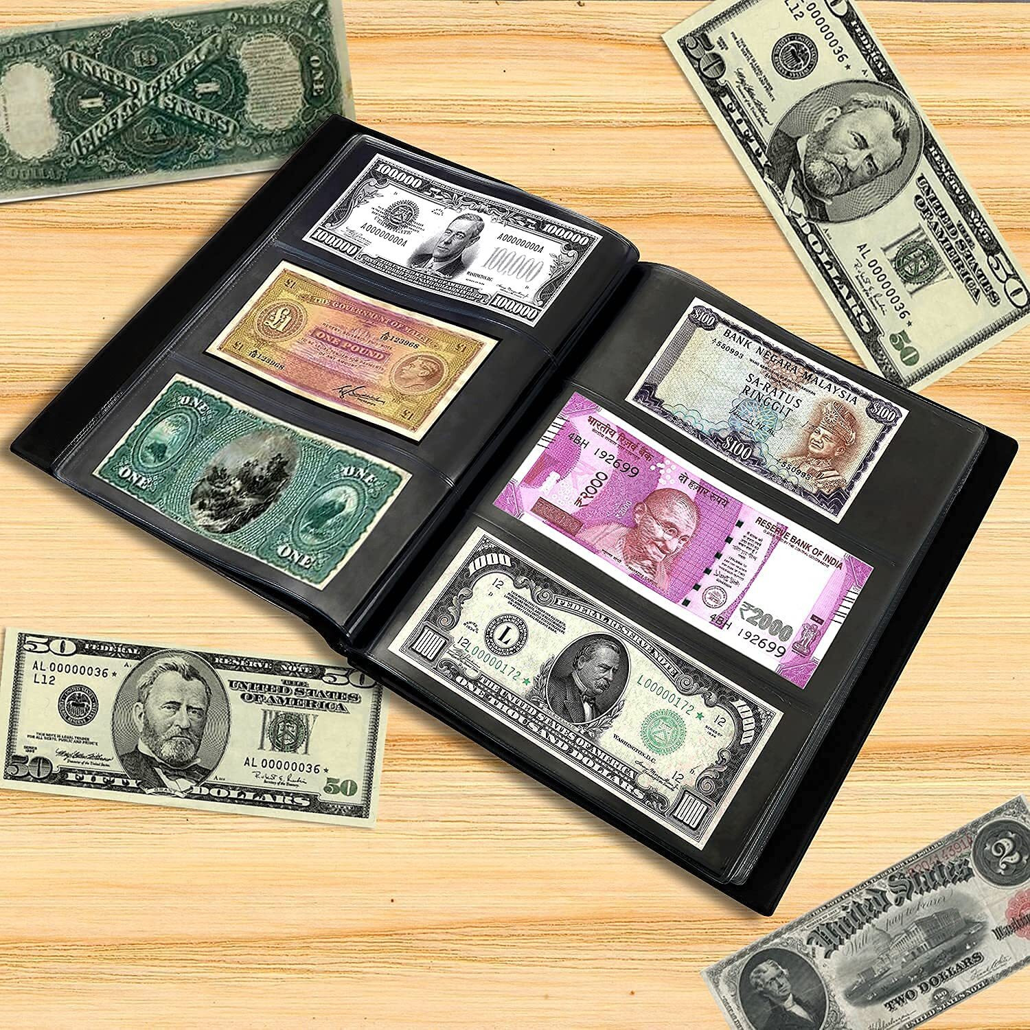 Mahogany Life Currency Album for Notes (102 Pockets) - Faux Leather Cover Currency Note Collection Album - Fits Big Currency Notes (Black)