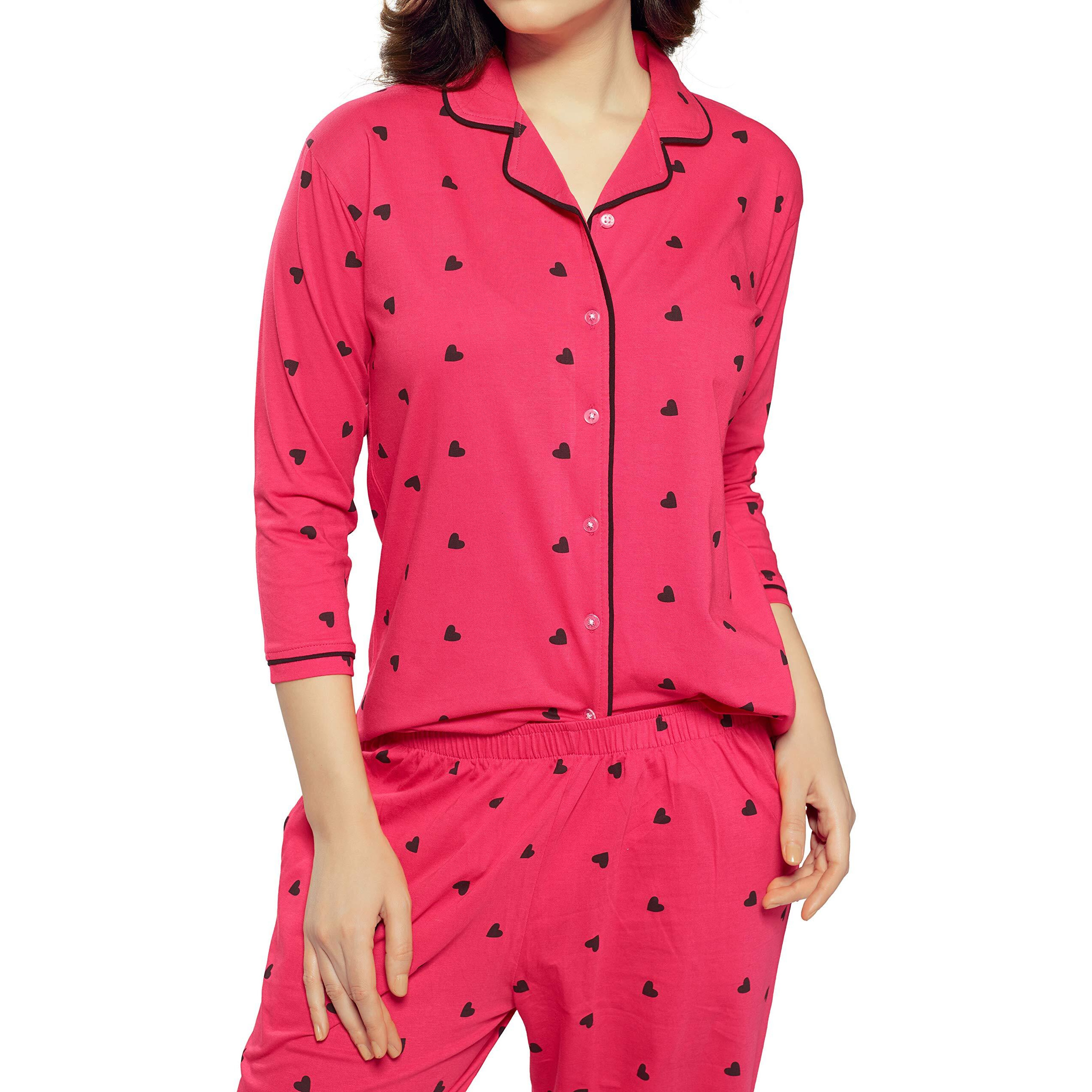 ZEYO Women s Cotton Heart Printed Dark Pink Night Suit Shirt and Pajama Set 5152 (Small)