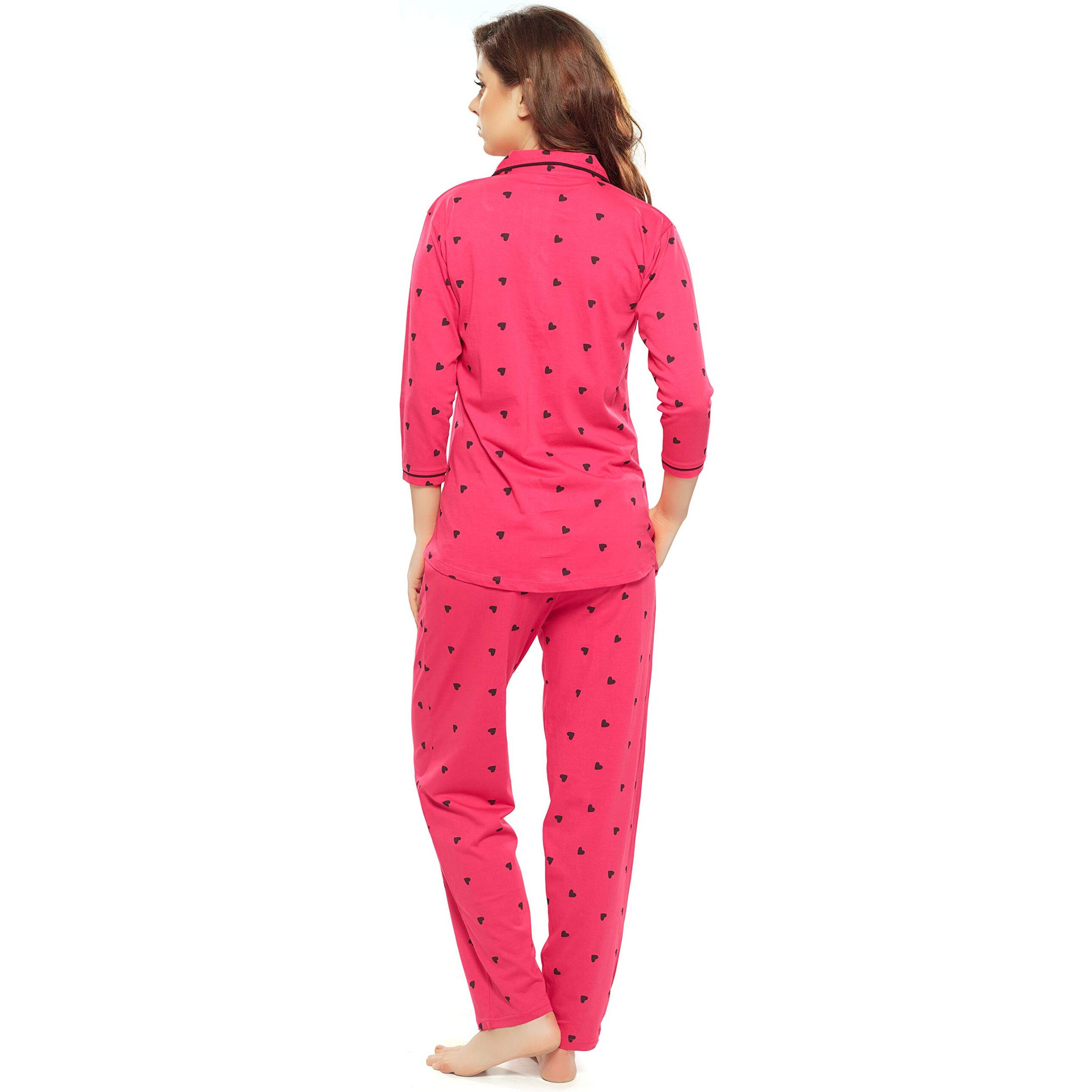 ZEYO Women s Cotton Heart Printed Dark Pink Night Suit Shirt and Pajama Set 5152 (Small)