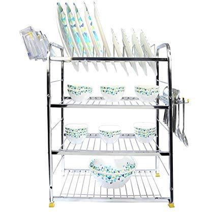 Palomino Stainless Steel 4 Shelf Wall Mount Kitchen Utensils Rack | Dish Rack with Plate & Cutlery Stand | Modular Kitchen Storage Rack | Kitchen Organizer (18x24 inches)