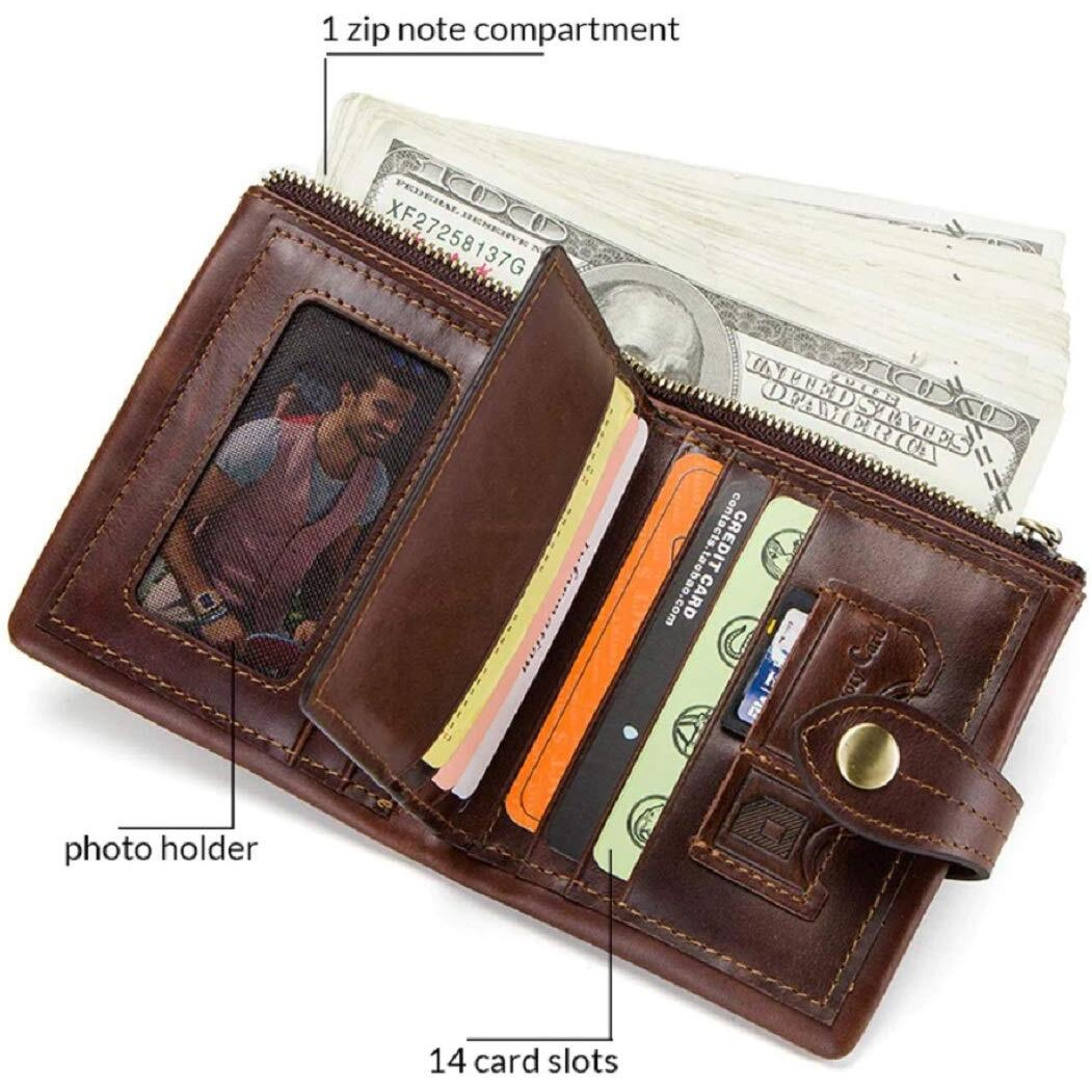 Contacts Men s Genuine Leather Wallet | RFID Blocking Card Holder Wallet for Men | 10 Card Slots, 1 ID Window| Stainless Steel Money Clip| Zip Coin Pocket