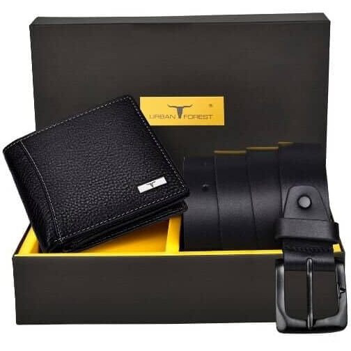 URBAN FOREST Brian Black Leather Wallet & Black Casual Belt Combo Gift Set for Men
