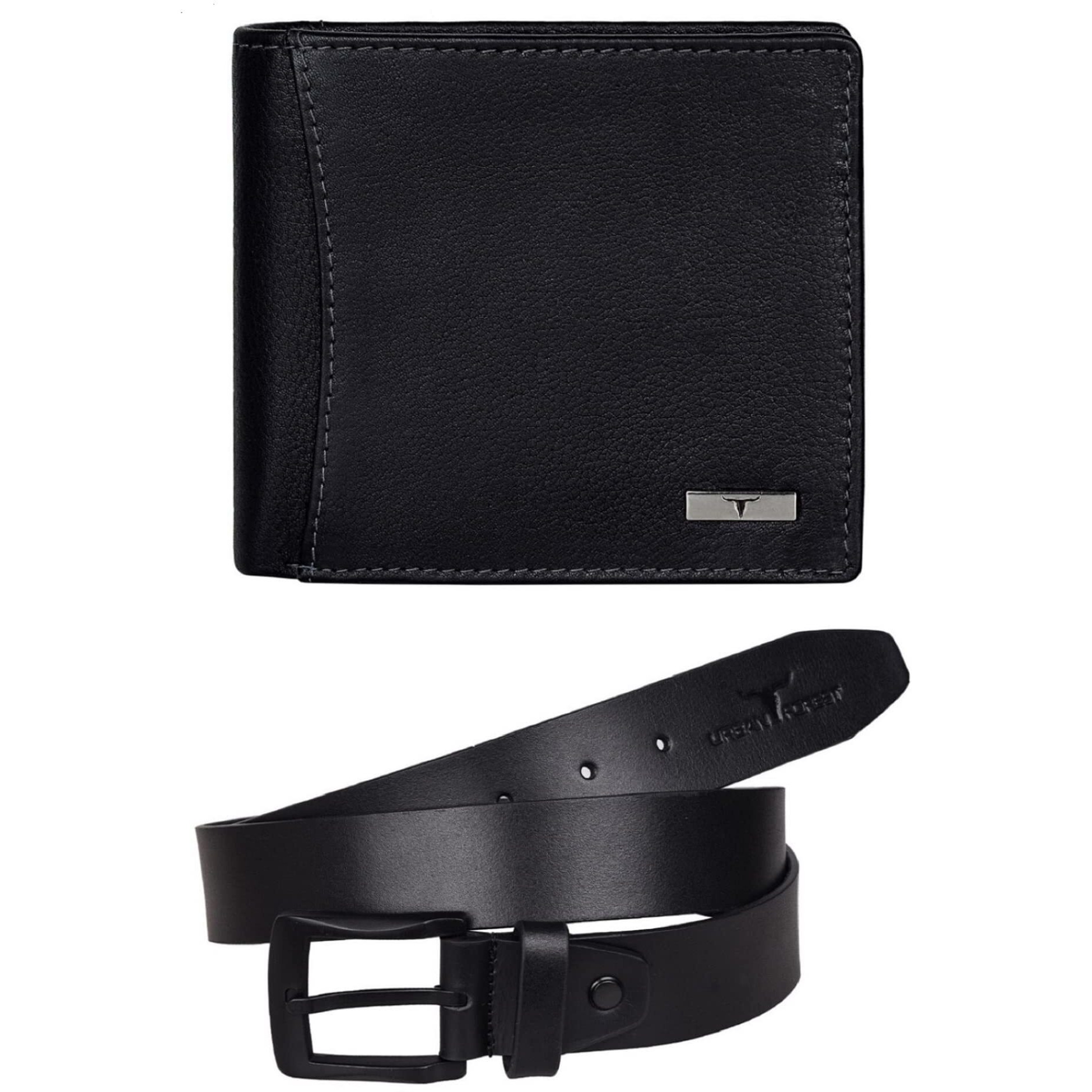URBAN FOREST Brian Black Leather Wallet & Black Casual Belt Combo Gift Set for Men