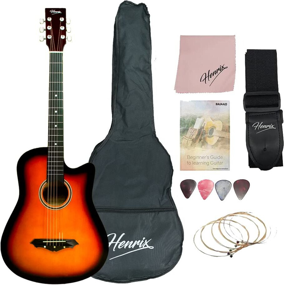 Henrix 38C 38 Inch Basswood Cutaway Acoustic Guitar With Dual Action Truss Rod, Gigbag, Picks, String Set, String Winder, Strap, Polishing Cloth & Ebook - Sunburst