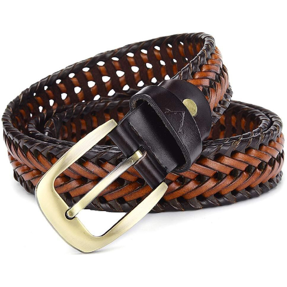 VOGARD Mens Braided Genuine Leather Original Branded Belt | Woven Leather Belt for Casual Pants with Brass Buckle| Micro Adjustable (Dual)