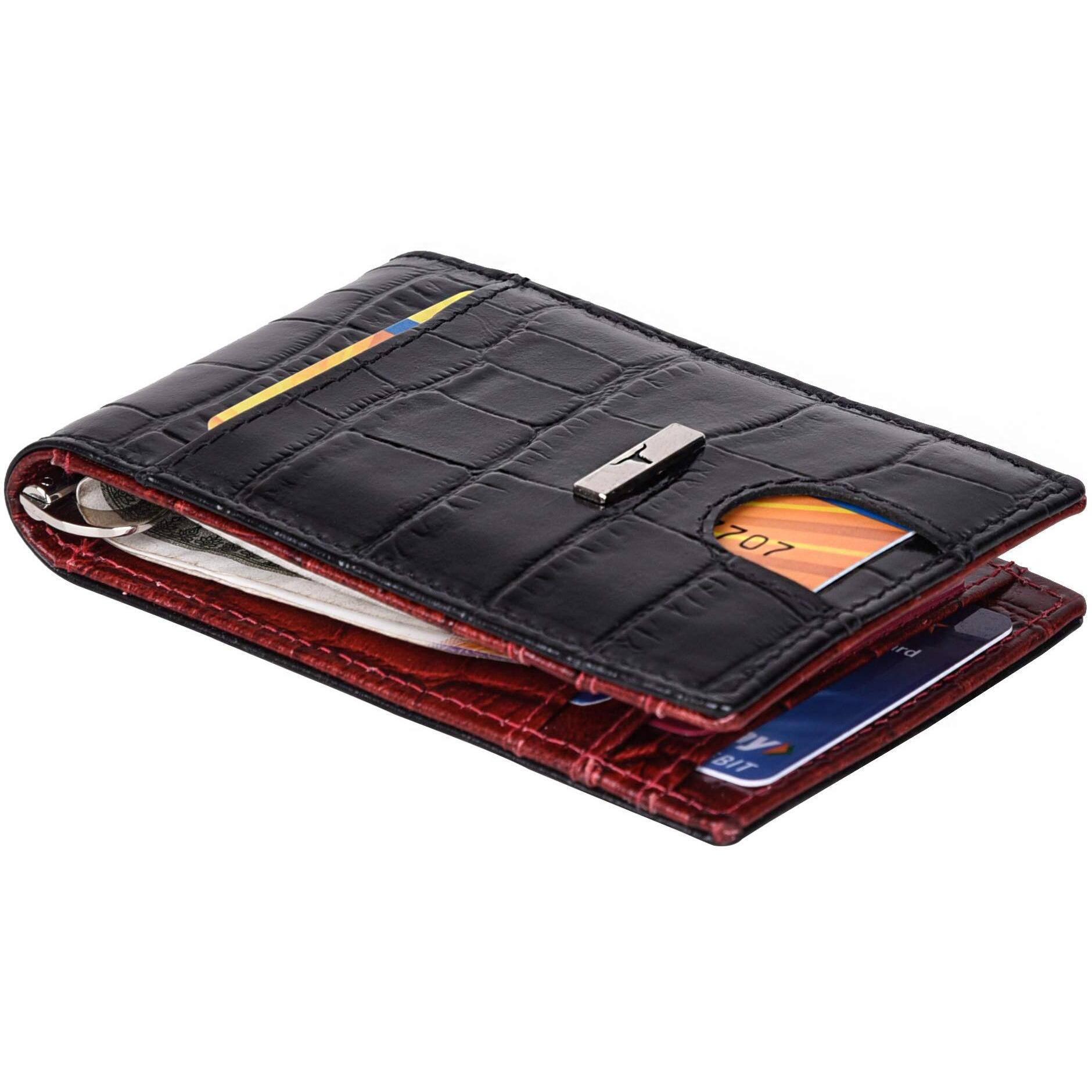 URBAN FOREST Eddy Printed Black/Dark Red Money Clip Leather Wallet for Men