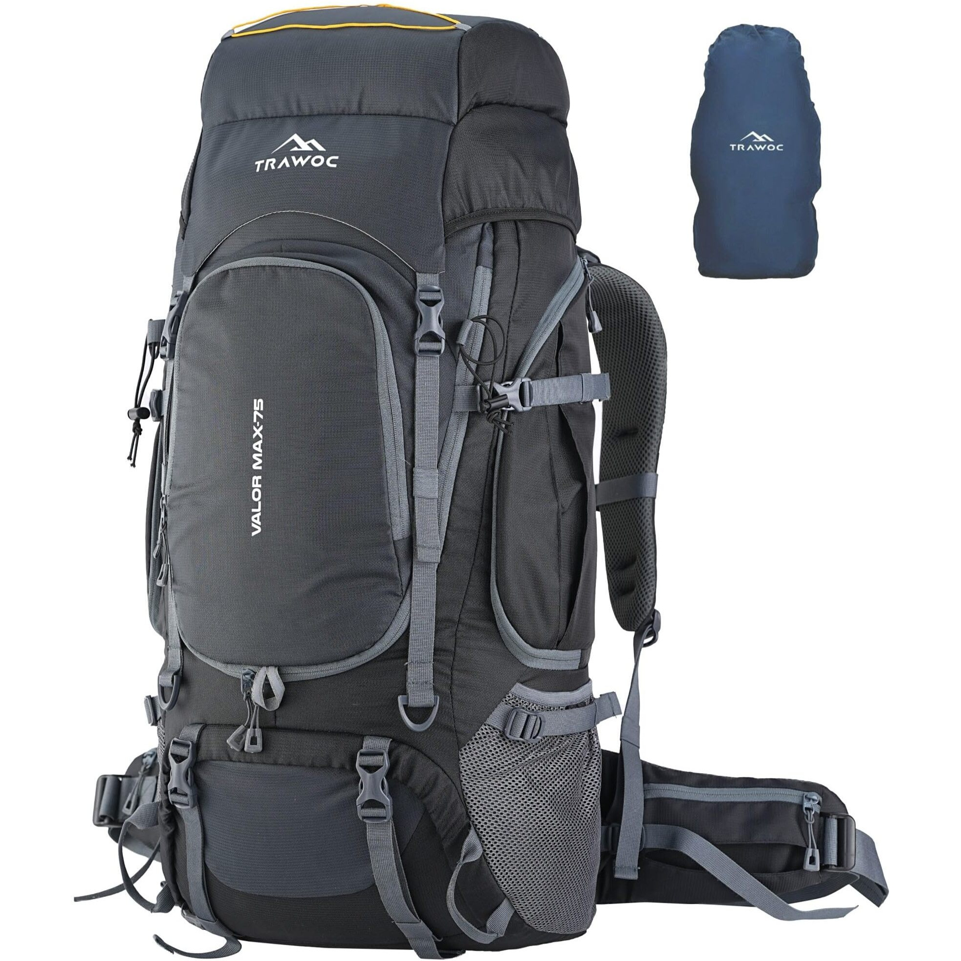 TRAWOC VALOR MAX 75 Ltr Travel Backpack Camping Hiking Trekking Bag Rucksack for Men & Women with Rain Cover/Shoe Compartment, Grey, 3 Year Warranty