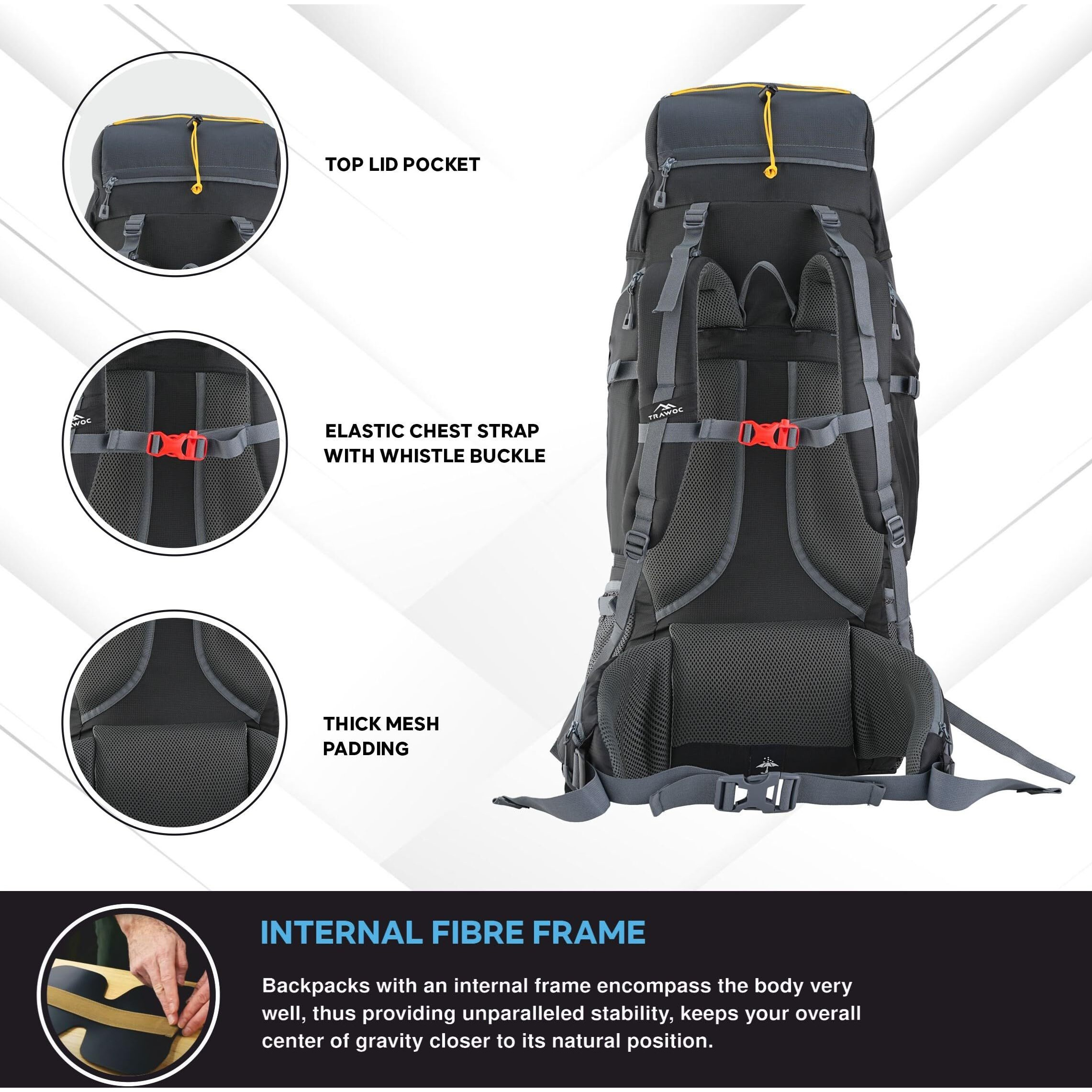 TRAWOC VALOR MAX 75 Ltr Travel Backpack Camping Hiking Trekking Bag Rucksack for Men & Women with Rain Cover/Shoe Compartment, Grey, 3 Year Warranty