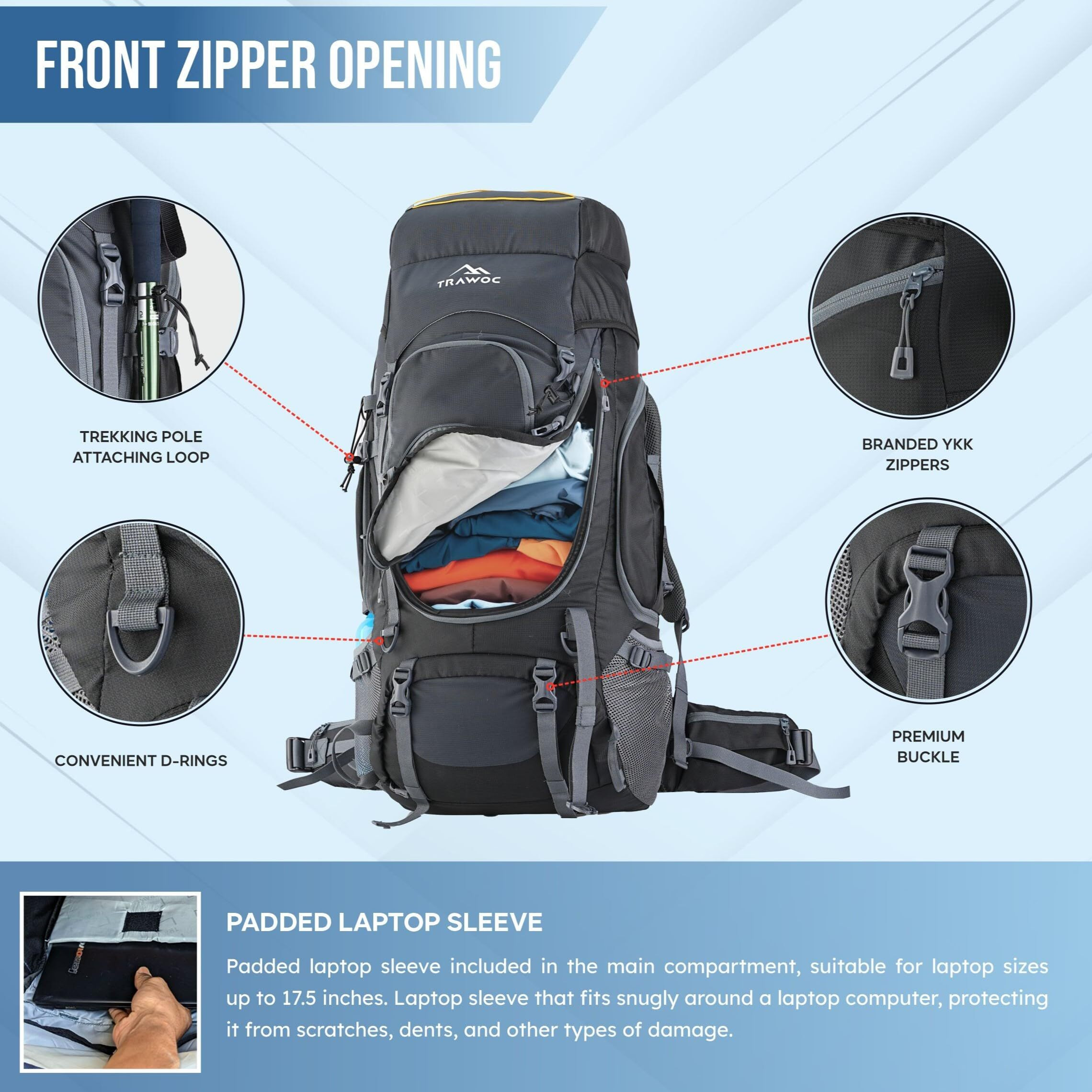 TRAWOC VALOR MAX 75 Ltr Travel Backpack Camping Hiking Trekking Bag Rucksack for Men & Women with Rain Cover/Shoe Compartment, Grey, 3 Year Warranty