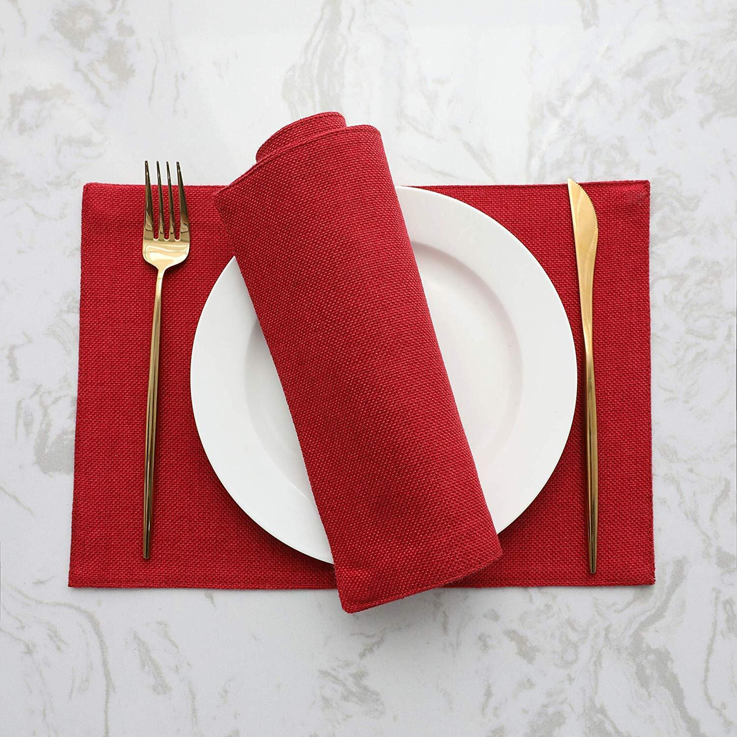 Khooti Washable Jute Tablemats/Placemats Set of 4 Heat Resistant Dining Table Place Mats for Kitchen Table Wedding Party, 12 x 18 inches, (Red)