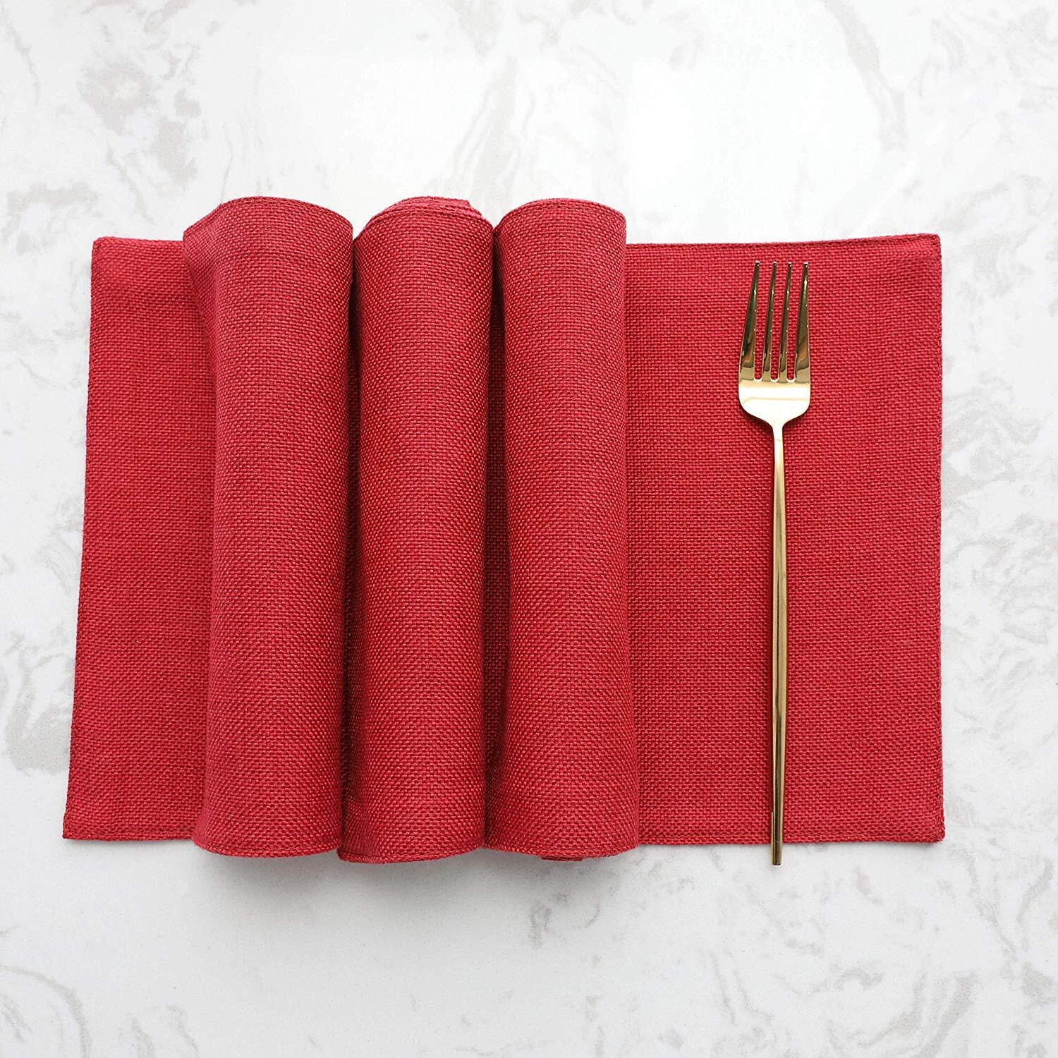 Khooti Washable Jute Tablemats/Placemats Set of 4 Heat Resistant Dining Table Place Mats for Kitchen Table Wedding Party, 12 x 18 inches, (Red)