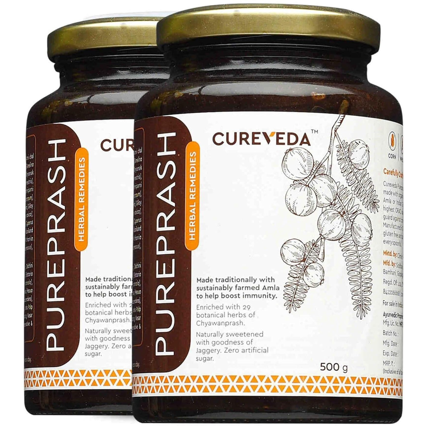 Cureveda Chyawanprash Pureprash 1kg - Herbal Immunity Support for all age groups- Jaggery, Organic, Saffron Kesar, no added sugar (500gms x 2)