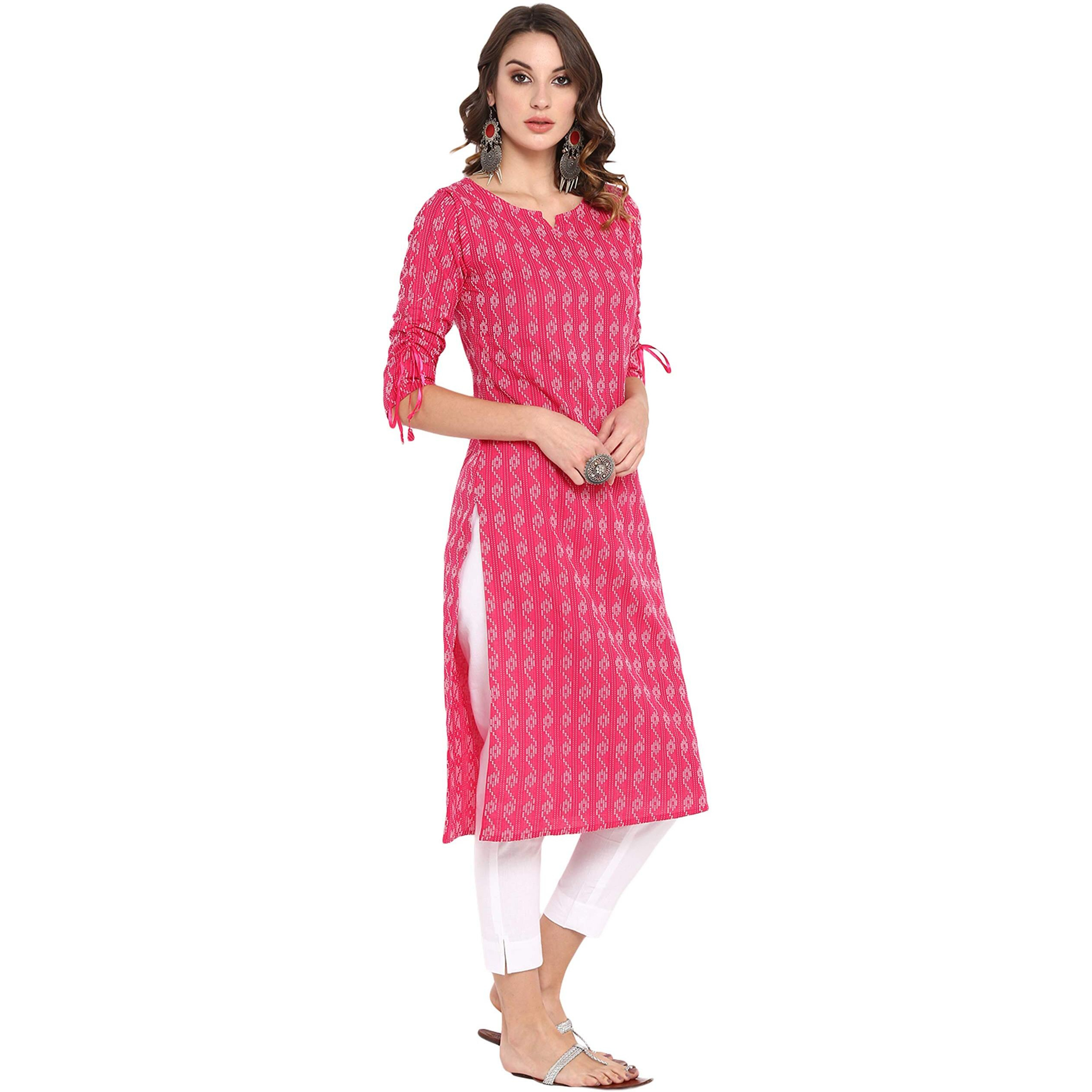 Janasya Women s Pink Pure Cotton Woven Design Straight Kurta (JNE3405-KR-XXL)