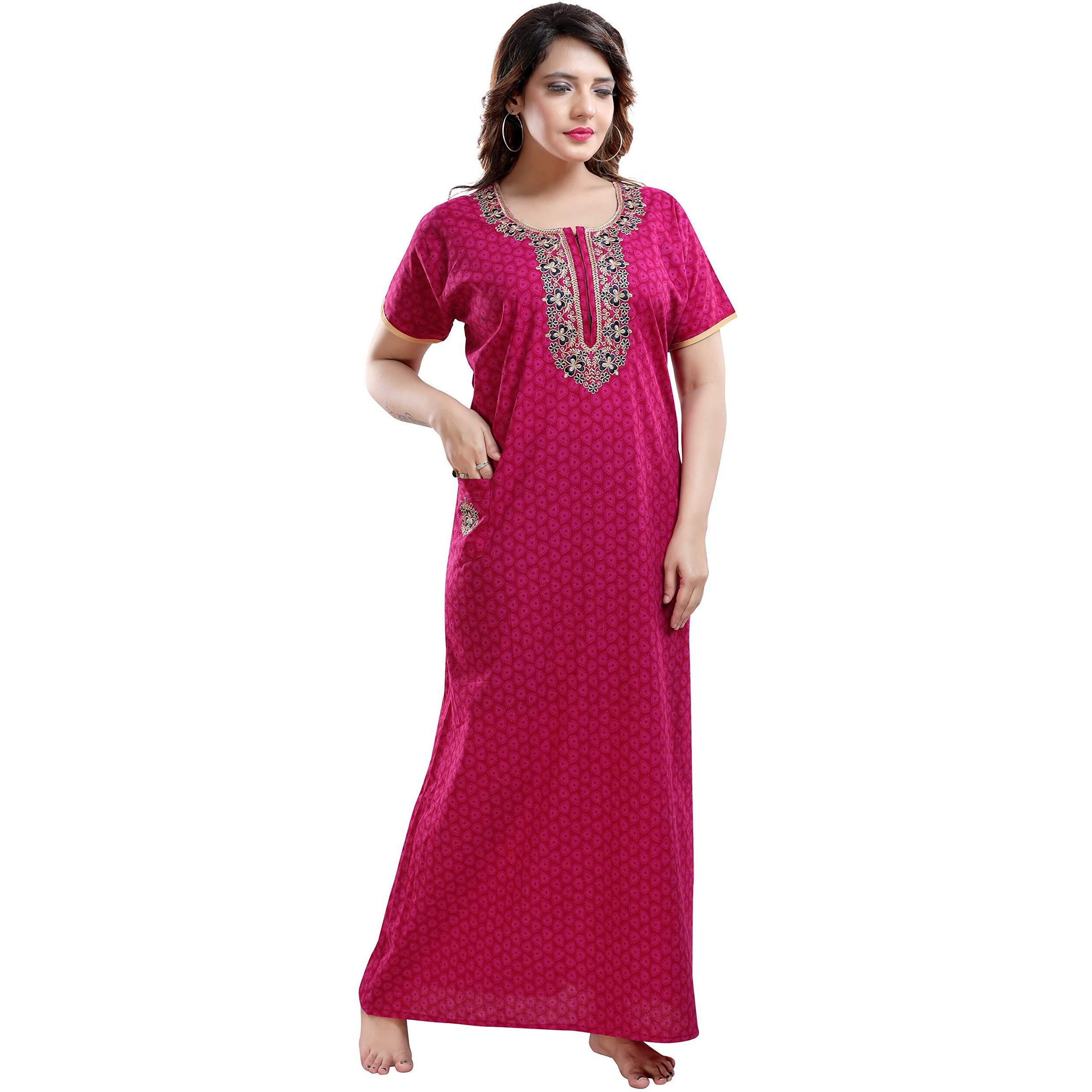 TRUNDZ Women s Cotton Embroidered Maxi Night Gown (2193-2196_Pink)